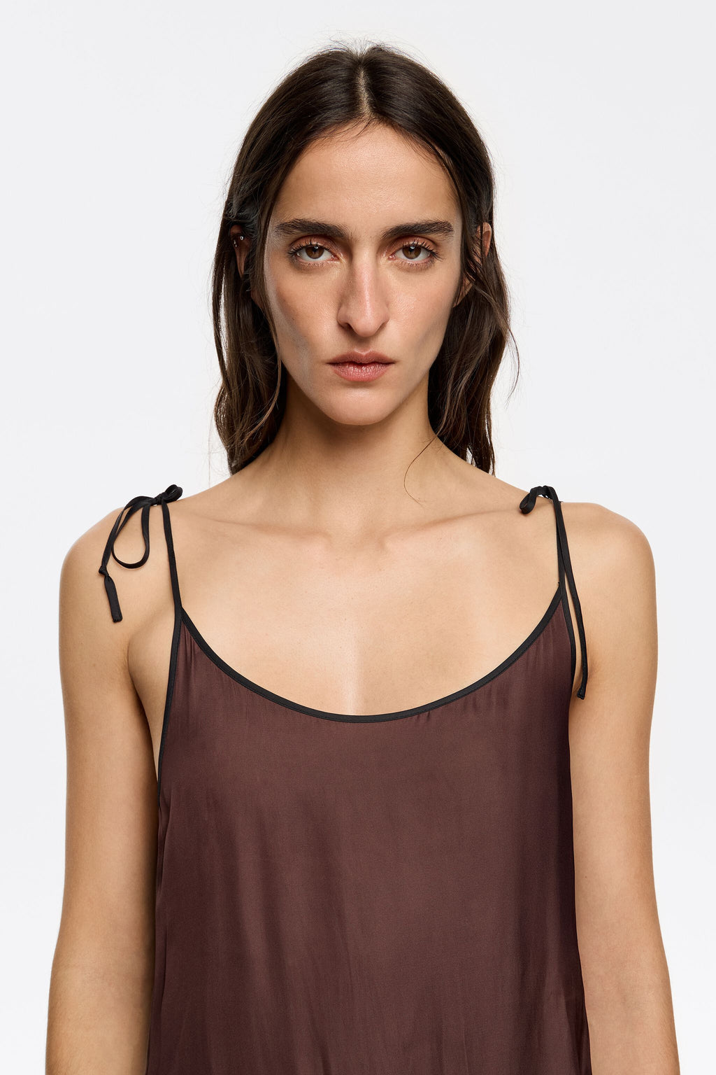 Dark brown lace flowing crossover dress