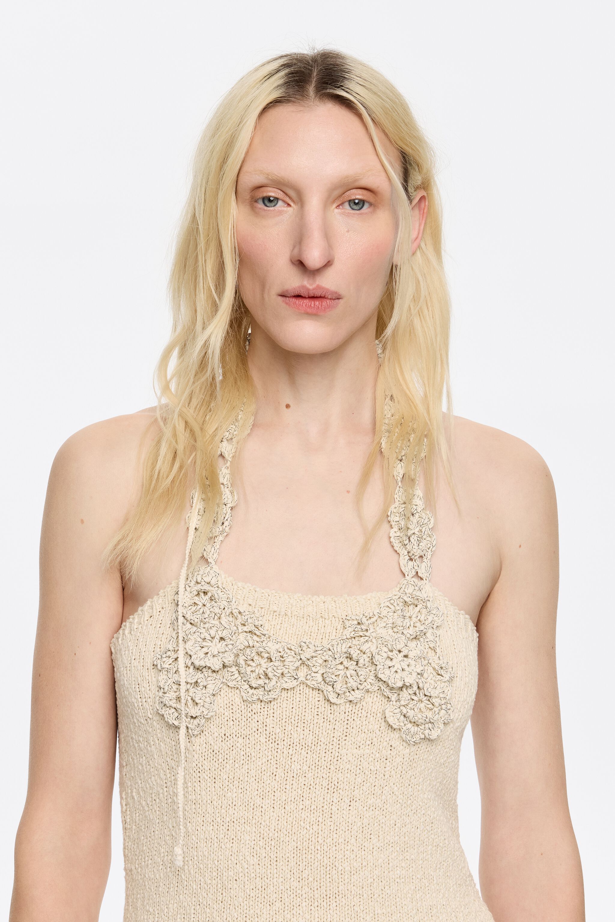 Sand floral crochet mini dress