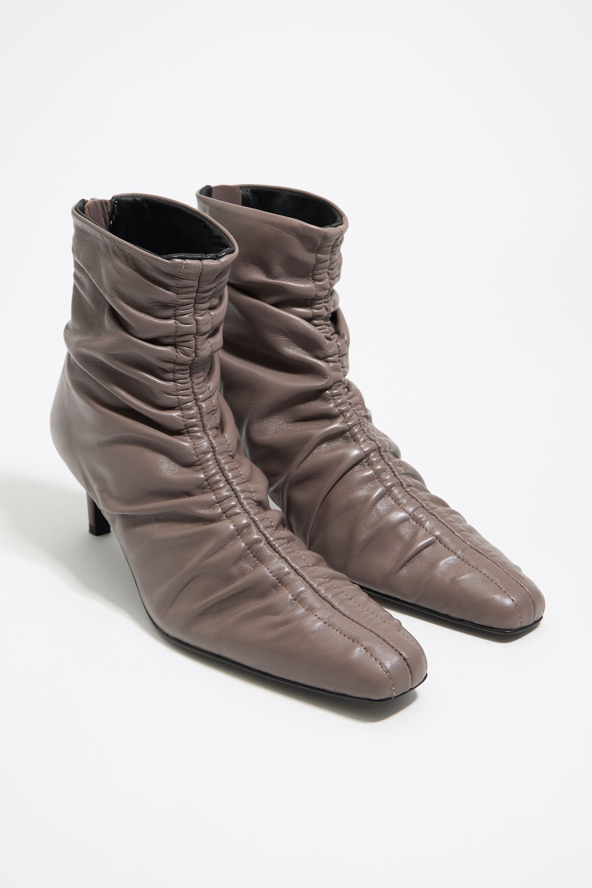 Taupe leather ruched heeled ankle boot