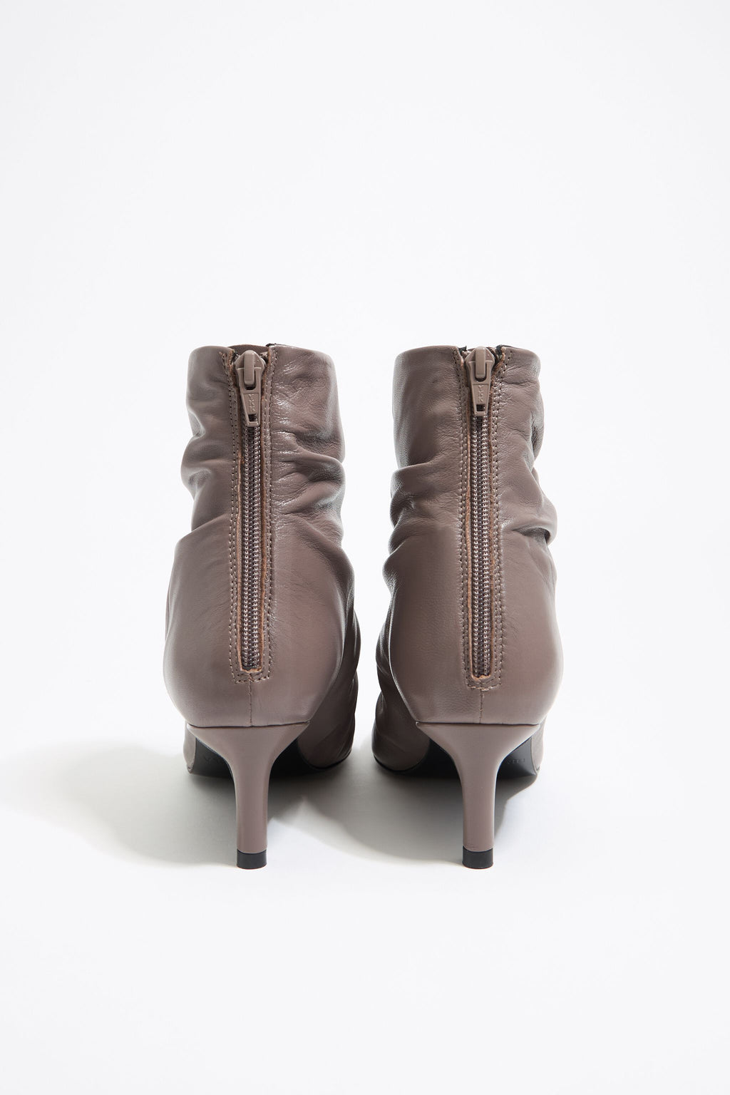 Taupe leather ruched heeled ankle boot
