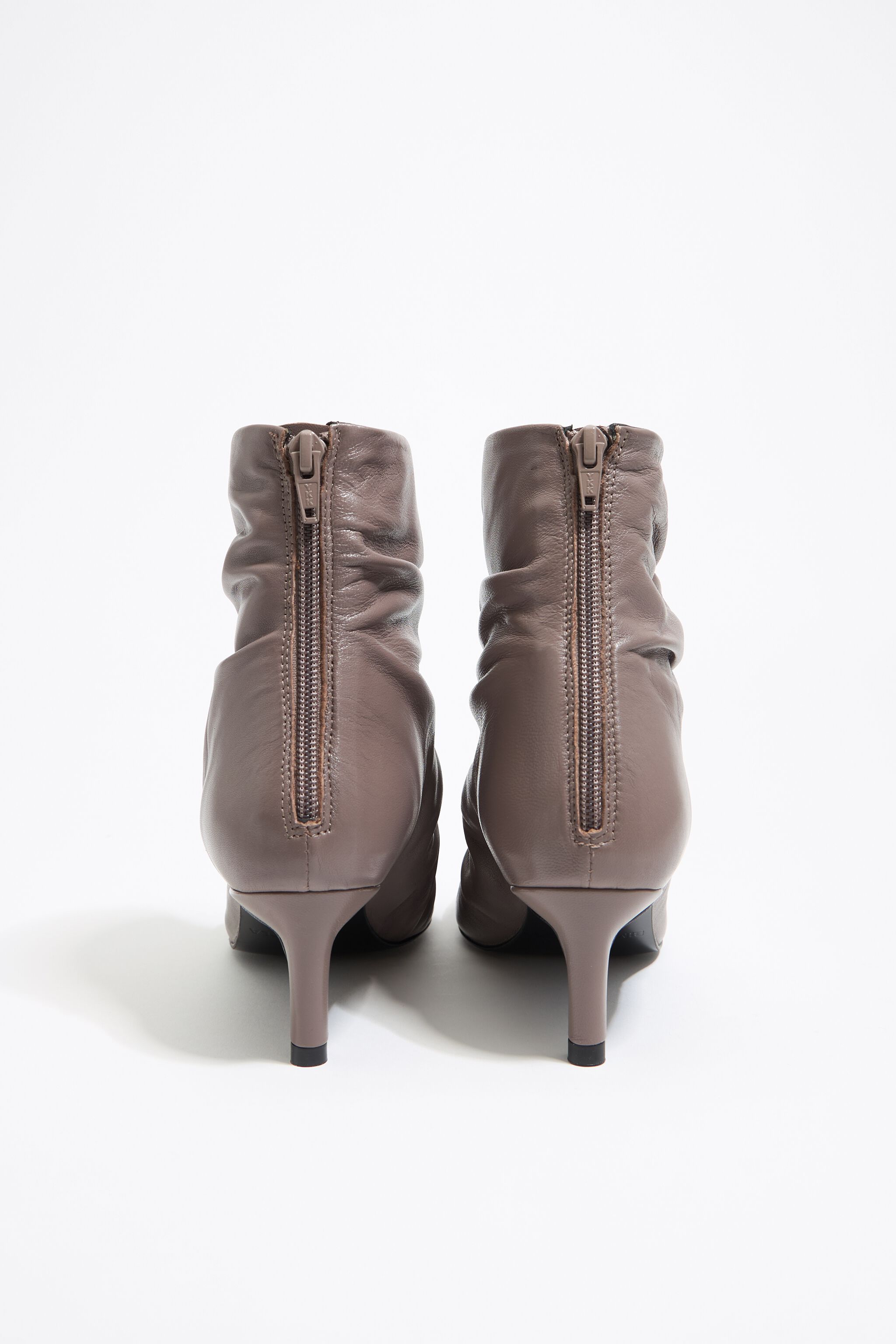 Taupe leather ruched heeled ankle boot