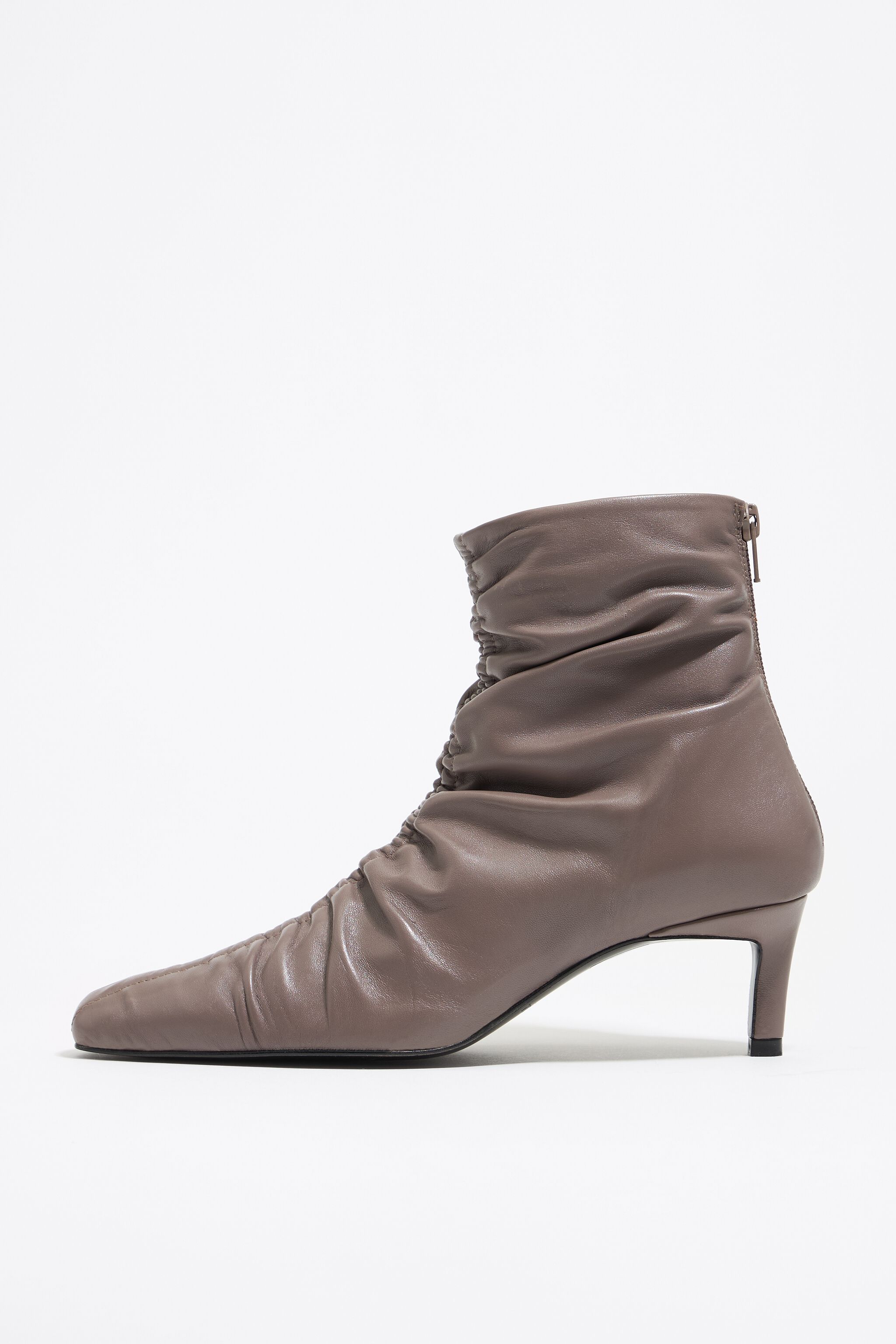 Taupe leather ruched heeled ankle boot