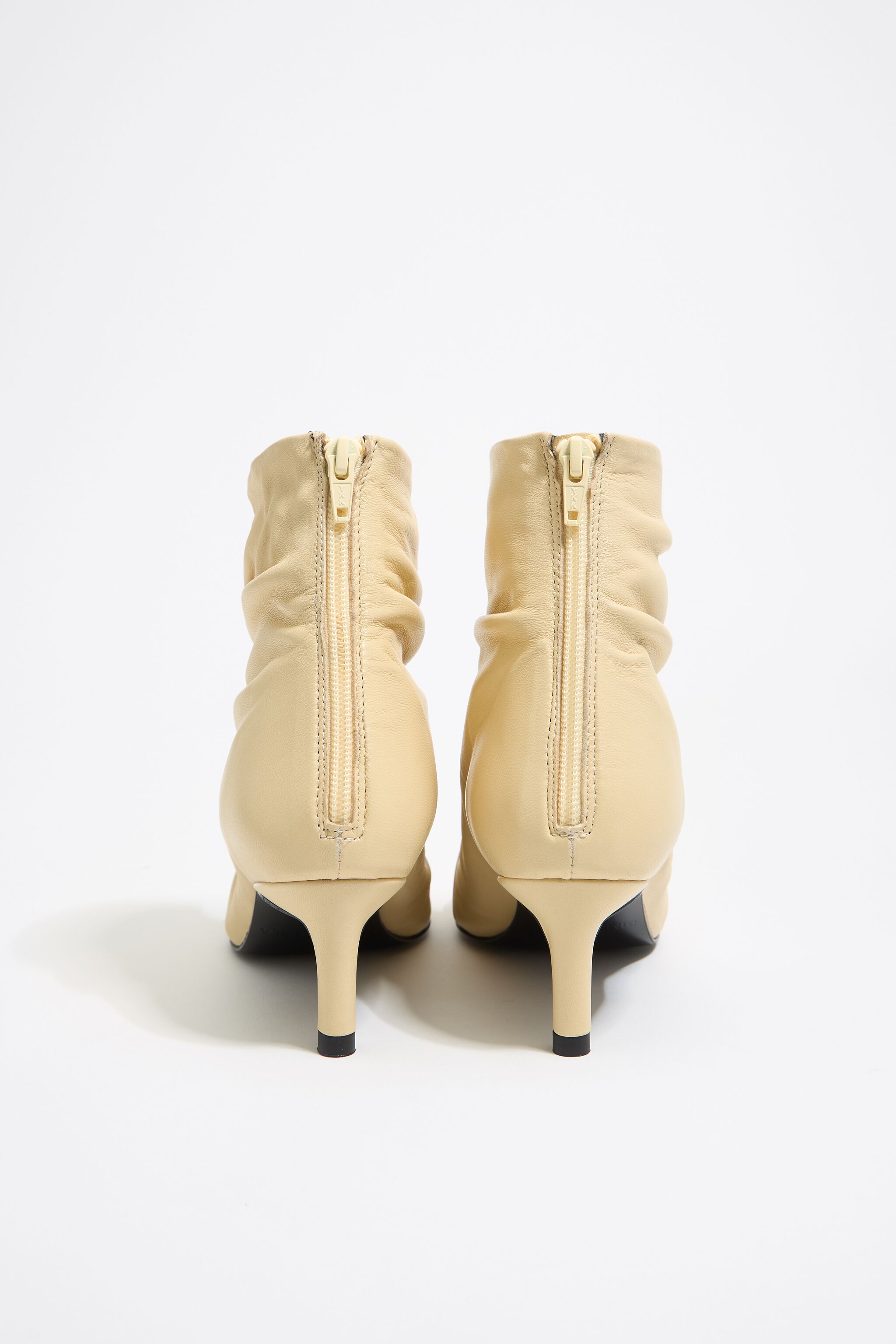 Butter yellow leather ruched heeled ankle boot