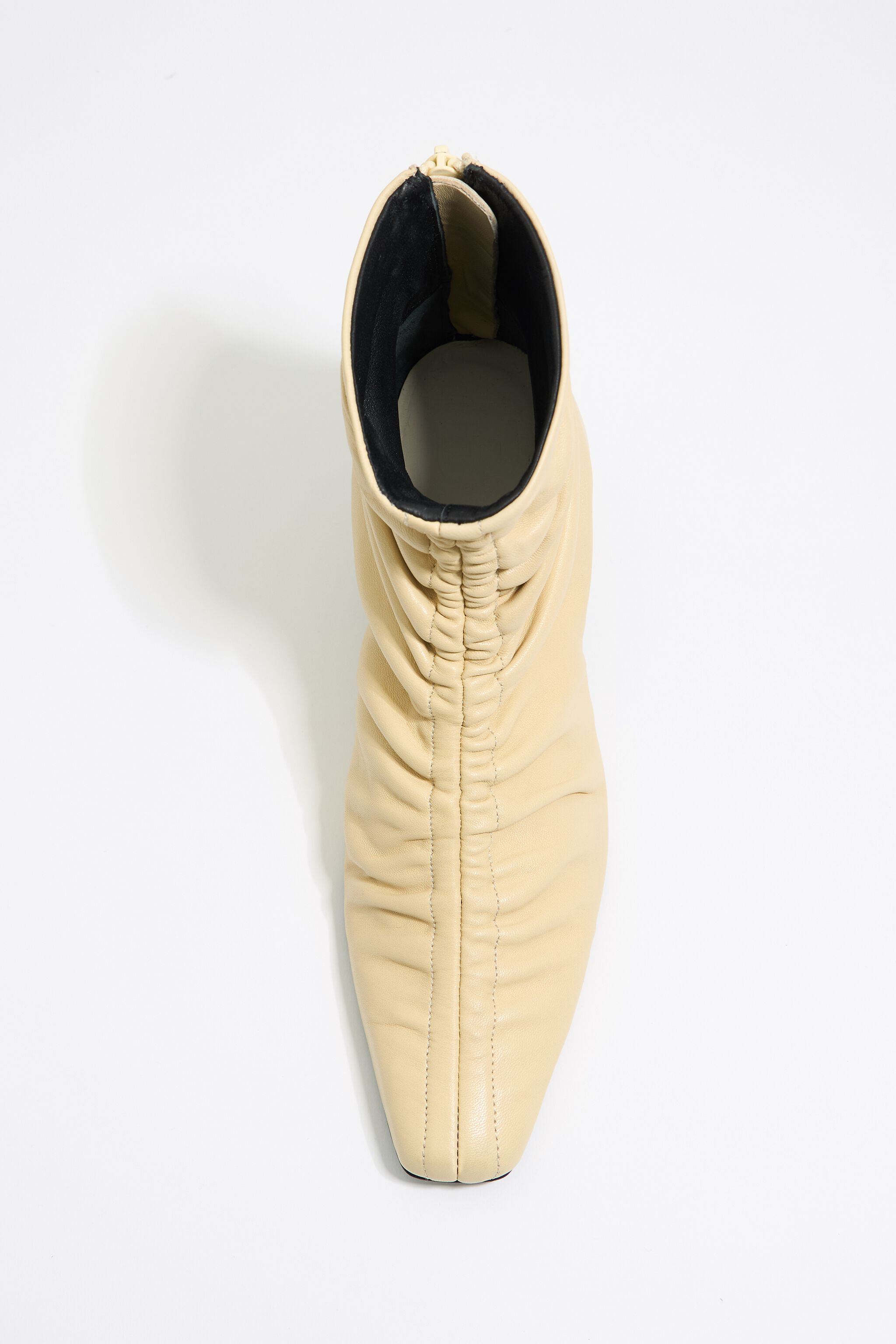 Butter yellow leather ruched heeled ankle boot
