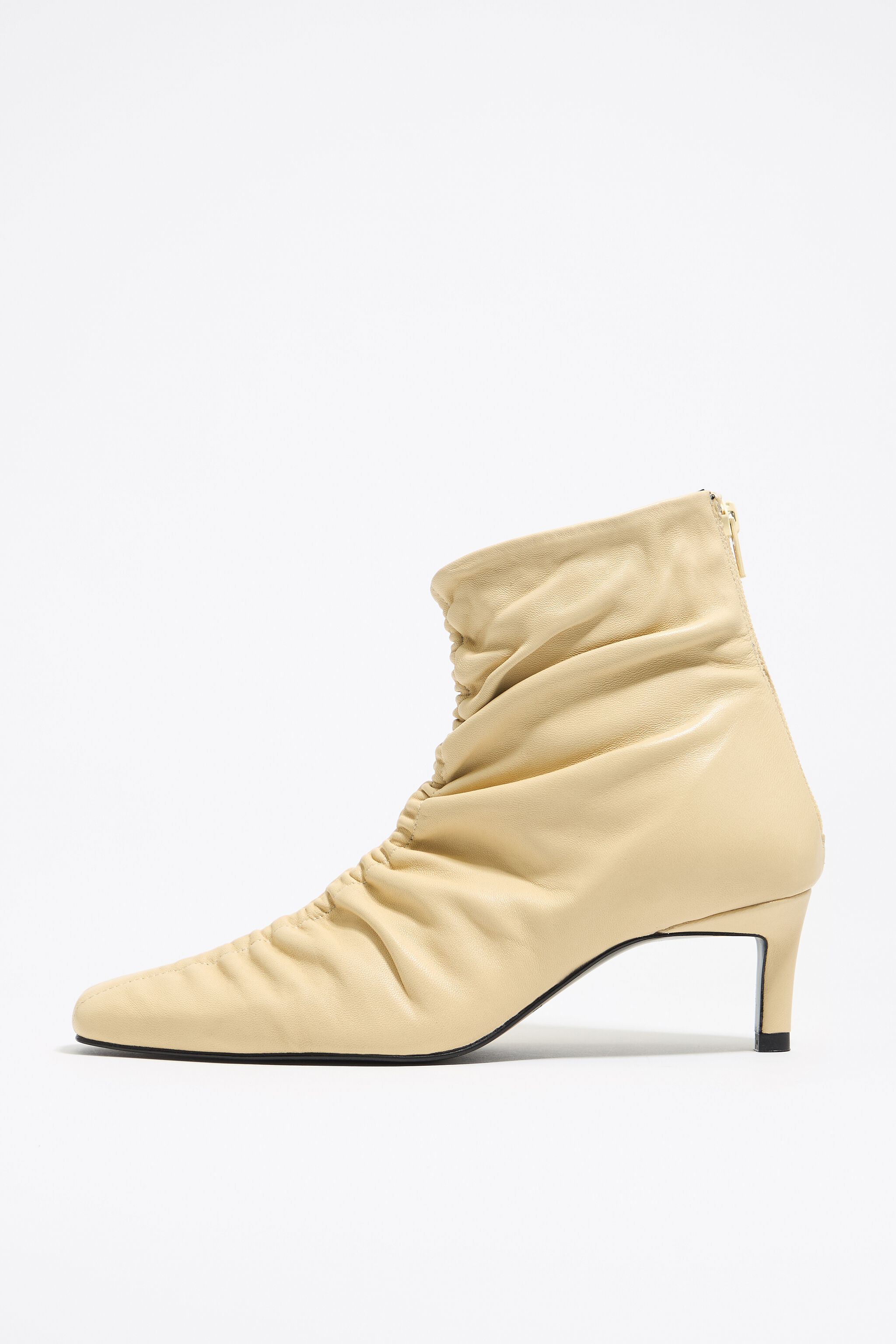 Butter yellow leather ruched heeled ankle boot
