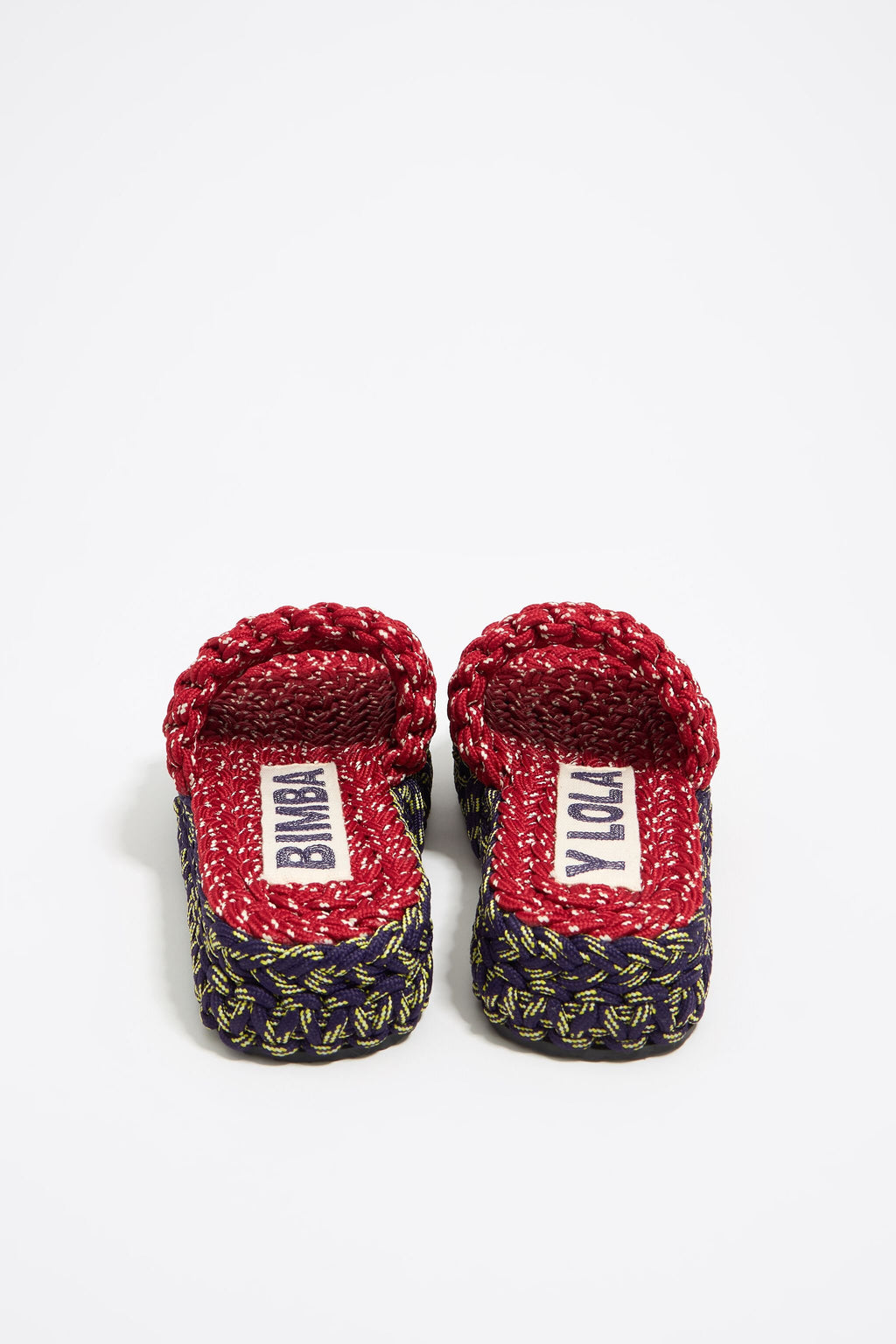 Blue and red plaited rope platform sandal