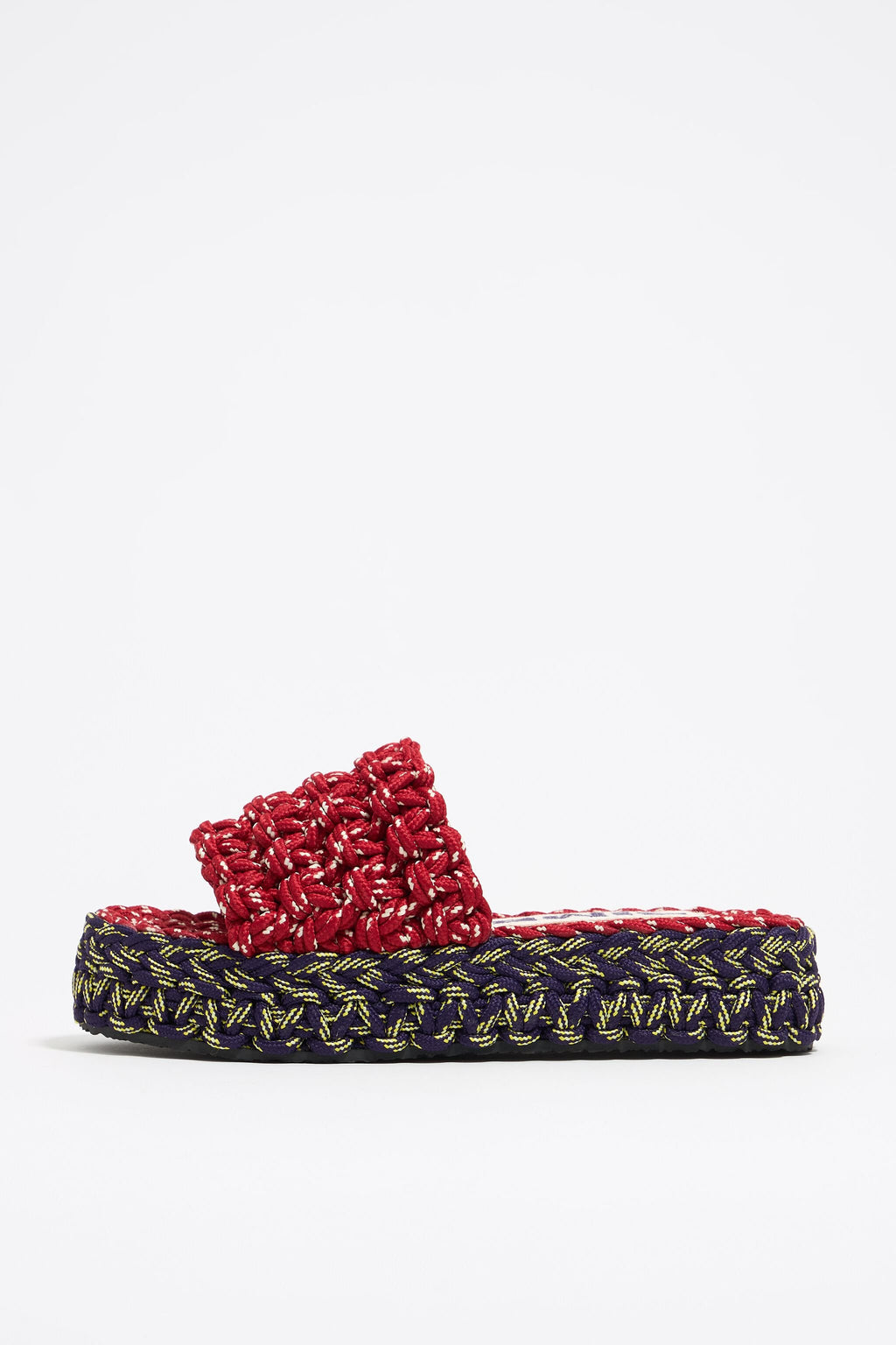 Blue and red plaited rope platform sandal