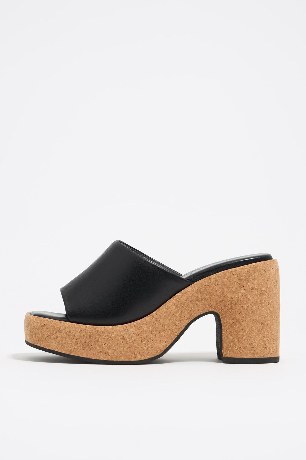 Black leather heeled sandal with cork platform