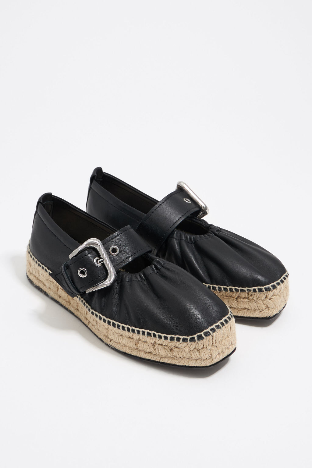Black leather jute wedge ballerina