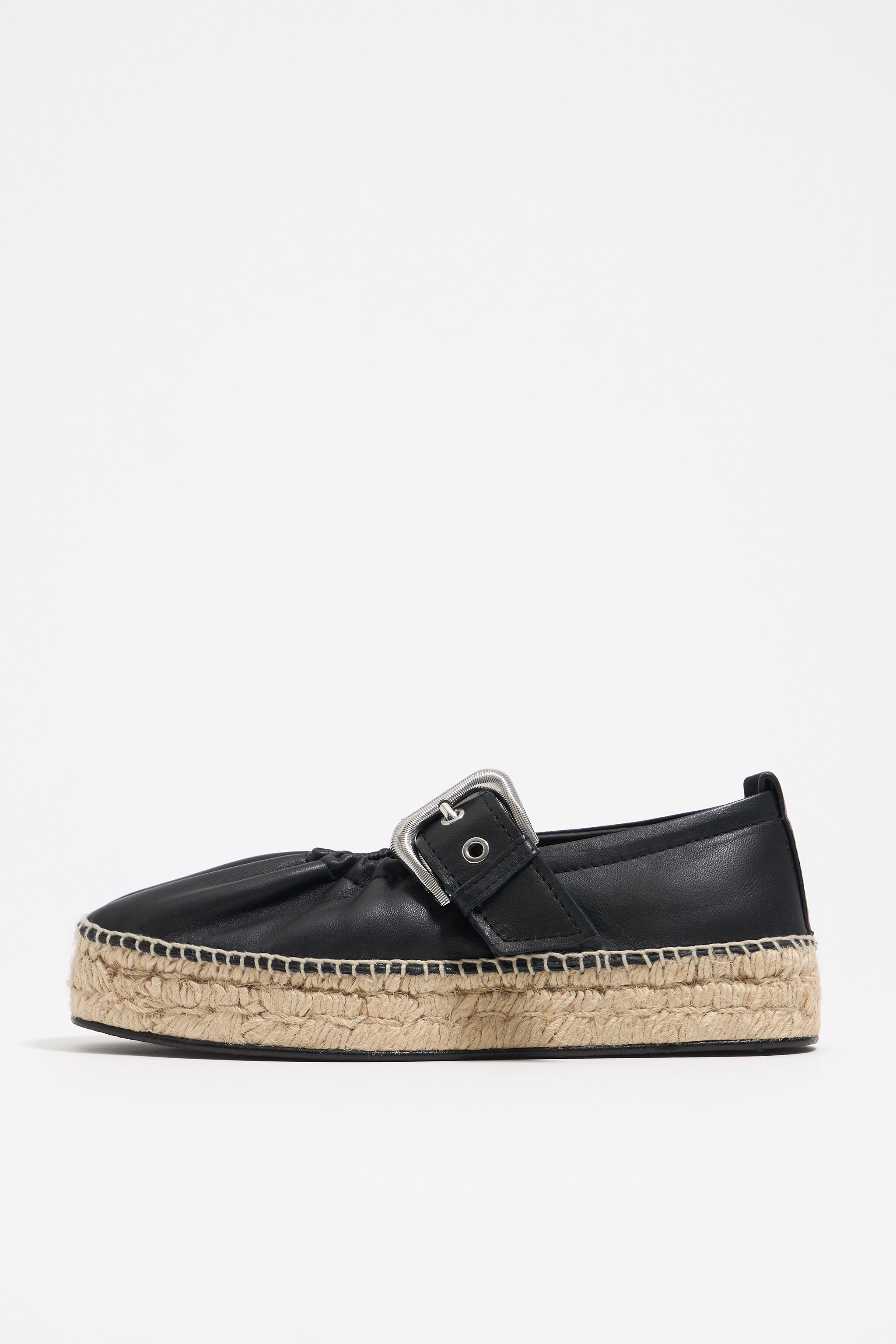 Black leather jute wedge ballerina