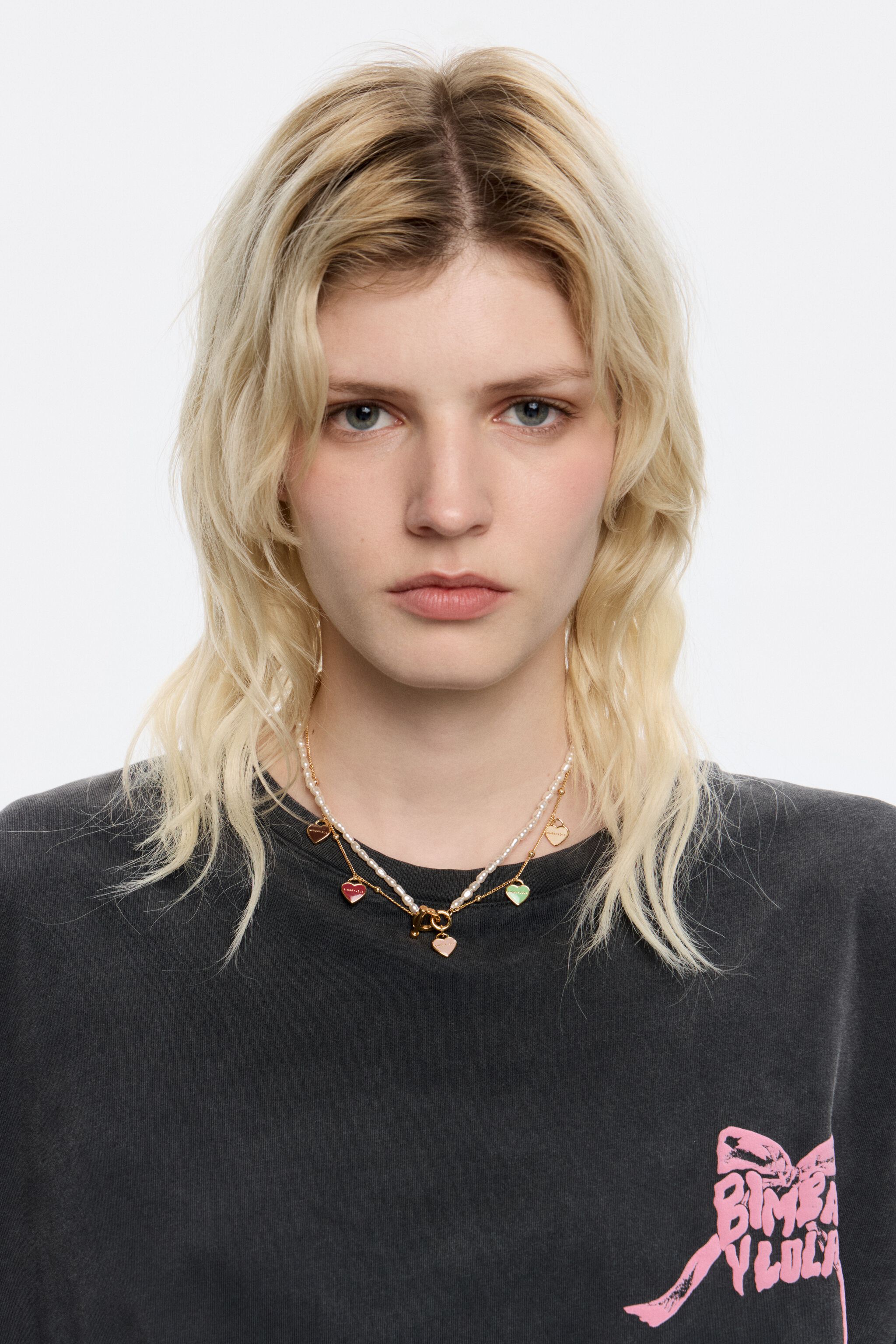 Gold-tone chain and pearl heart logo double-layer necklace