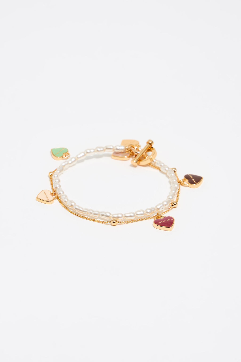 Gold-tone chain and pearl heart logo double-layer bracelet