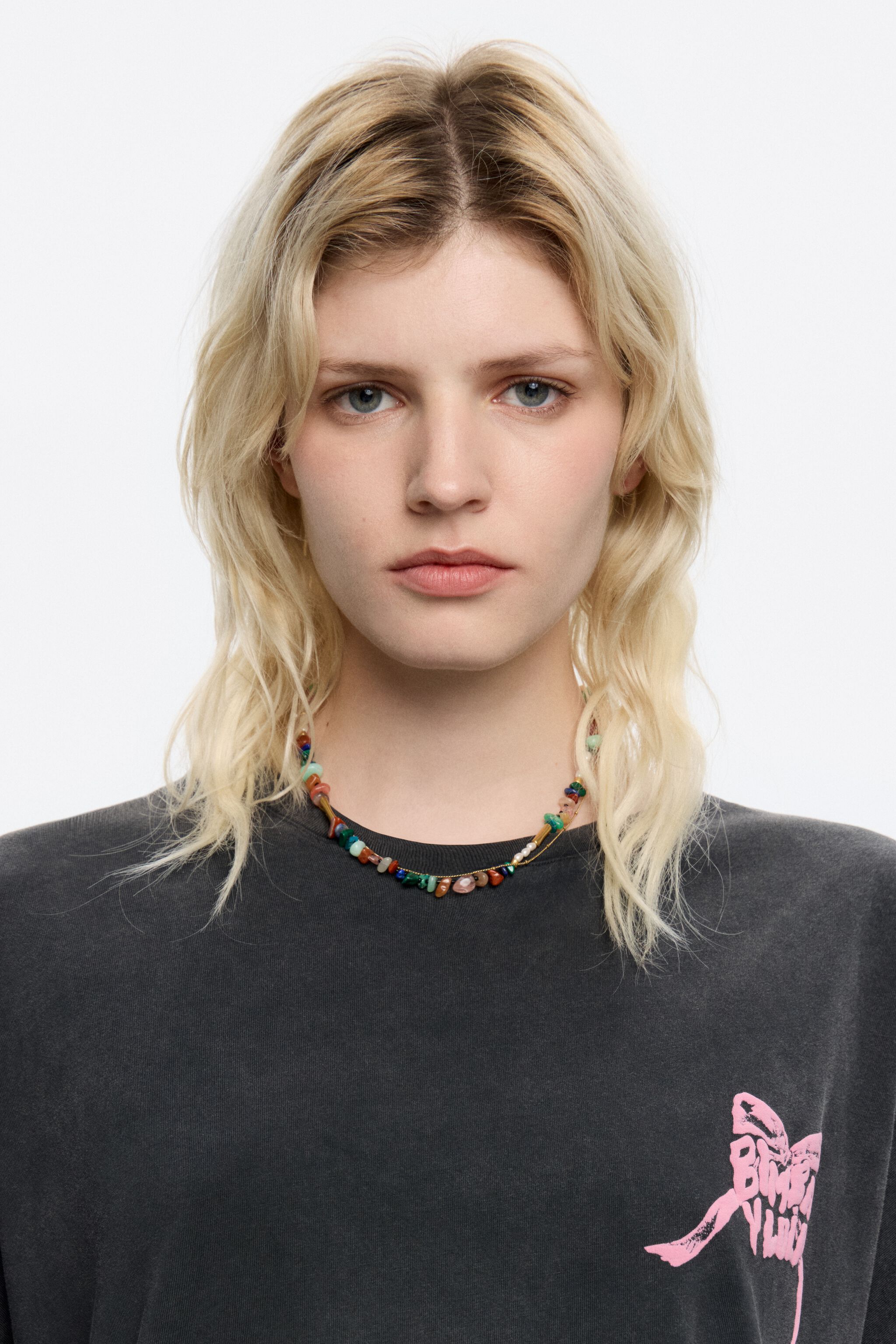 Matte gold-tone double-layer chain and multicolor stones necklace