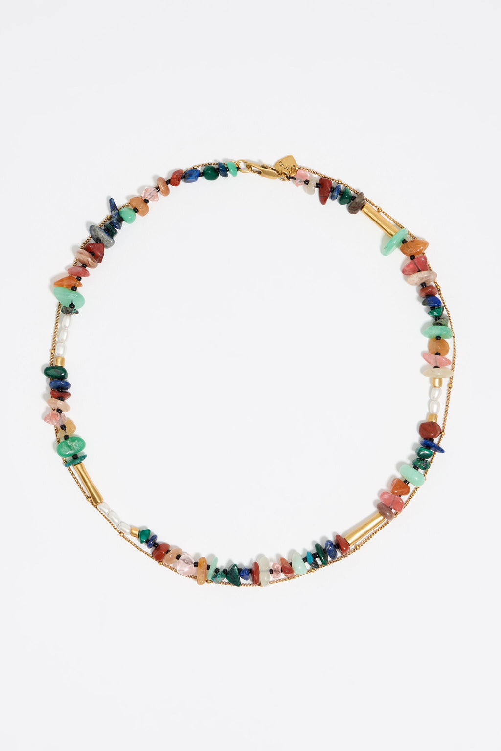 Matte gold-tone double-layer chain and multicolor stones necklace