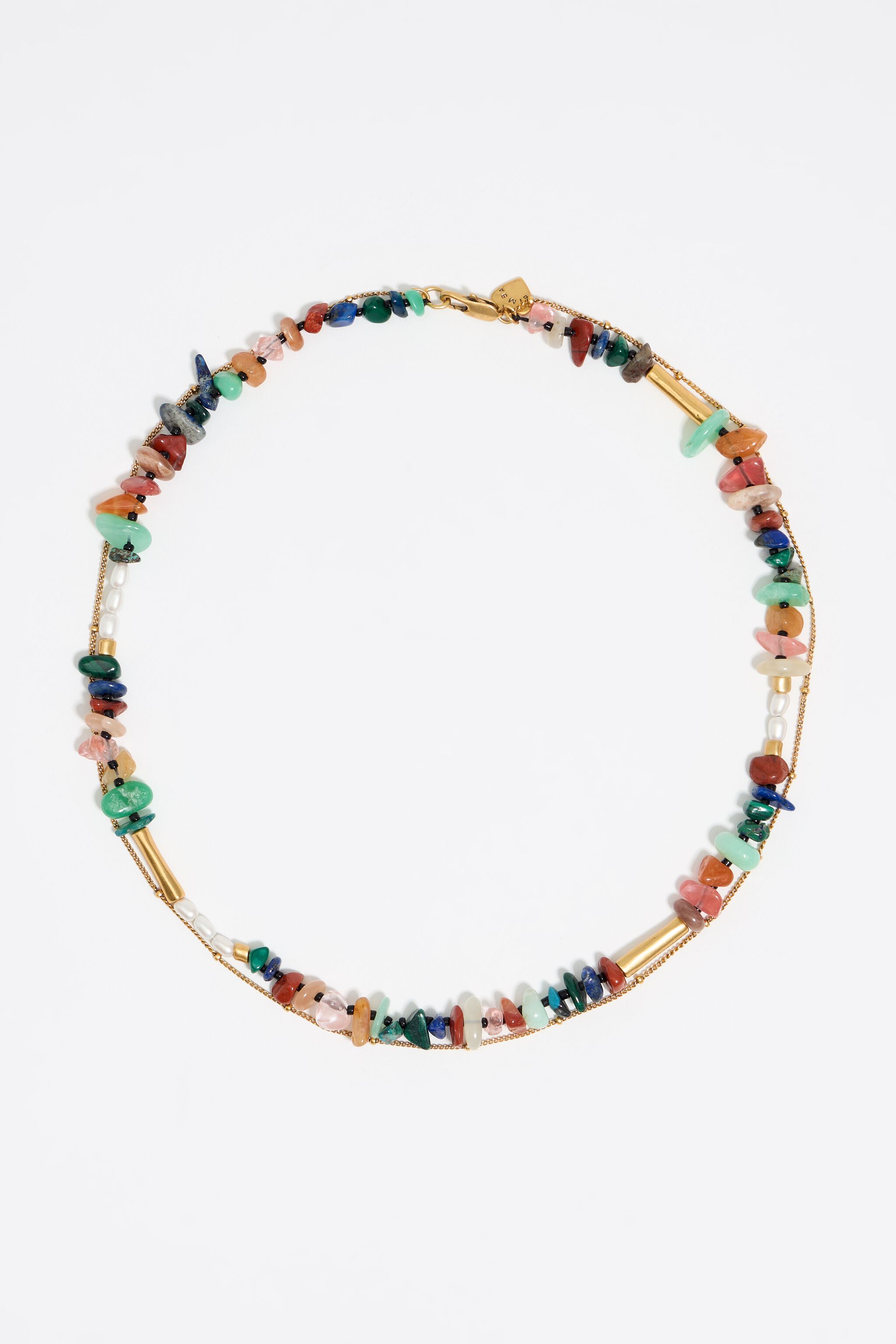 Matte gold-tone double-layer chain and multicolor stones necklace