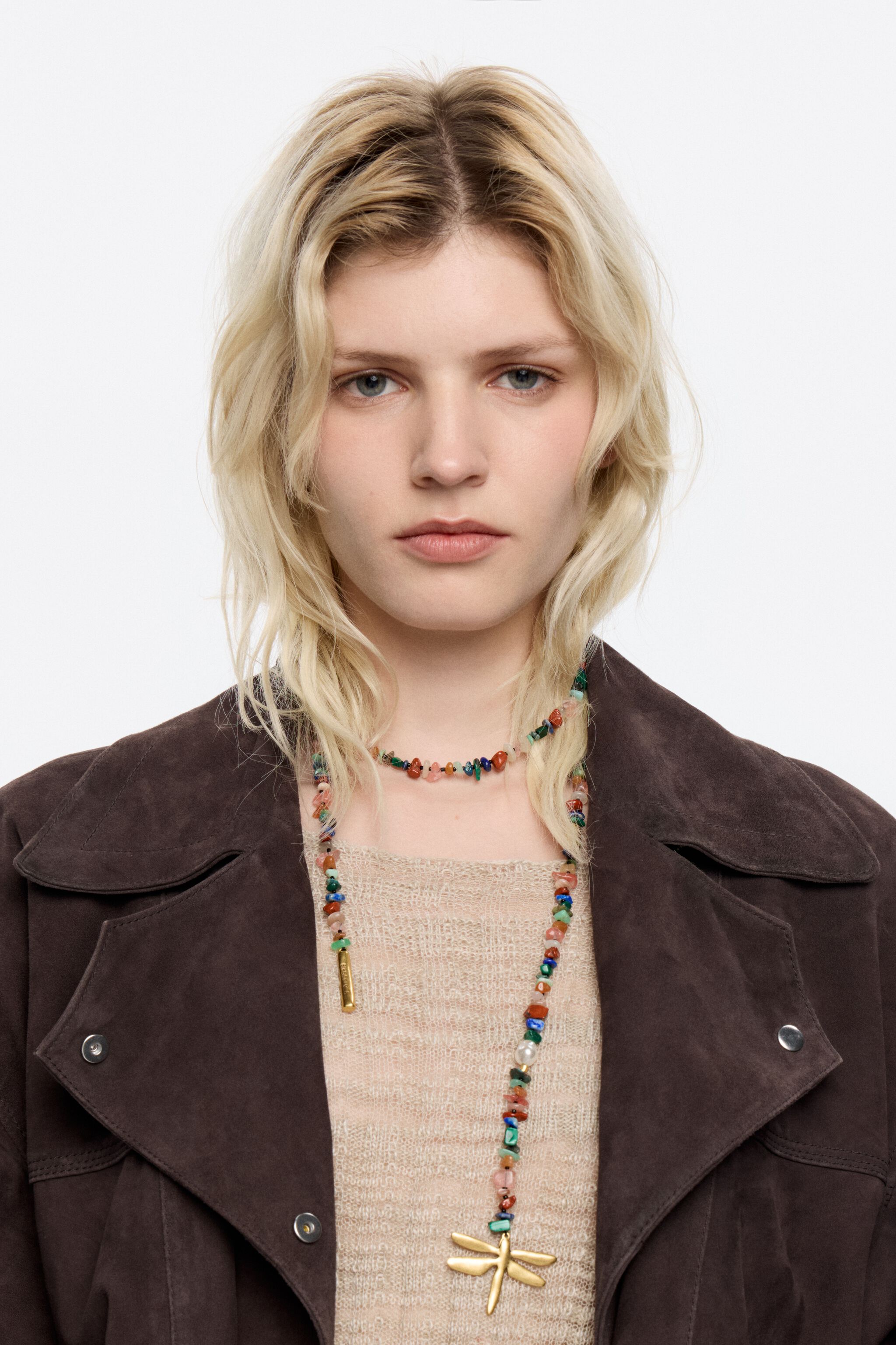 Matte gold dragonfly and multicolor stones necklace