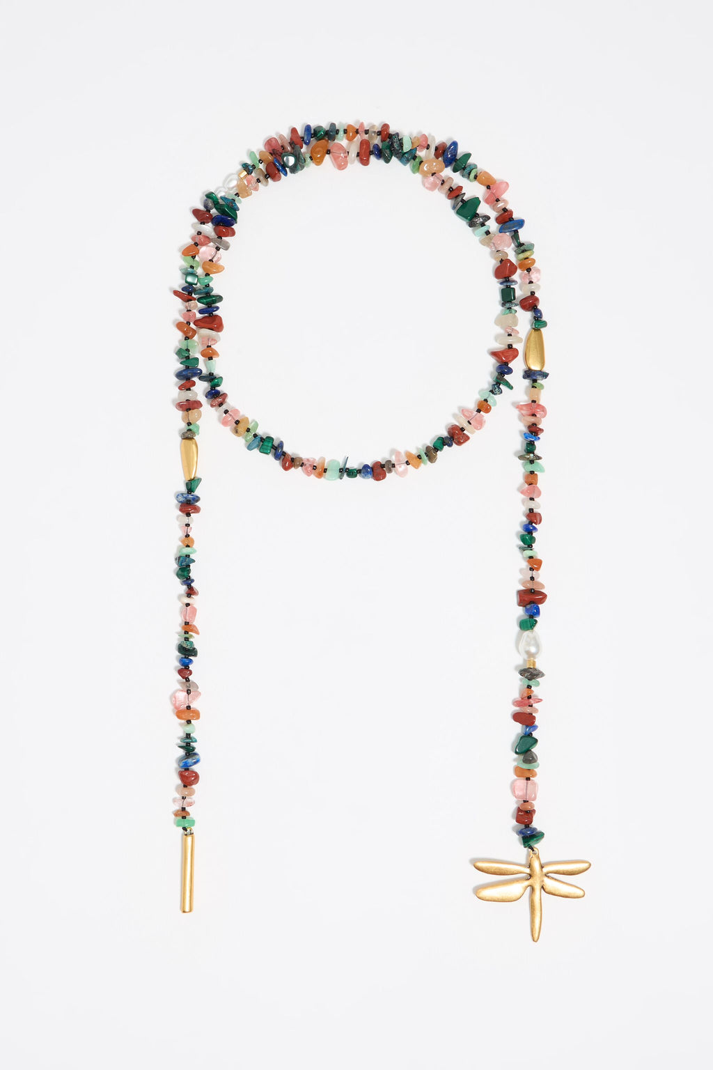 Matte gold dragonfly and multicolor stones necklace