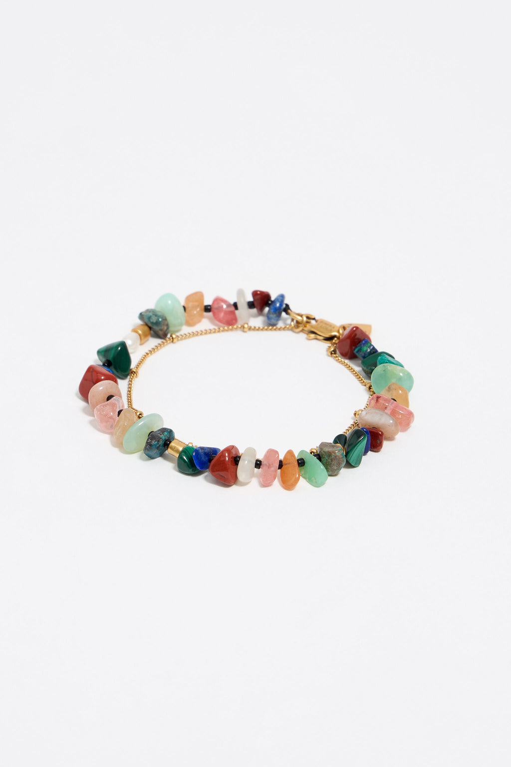 Matte gold-tone double-layer chain and multicolor stones bracelet
