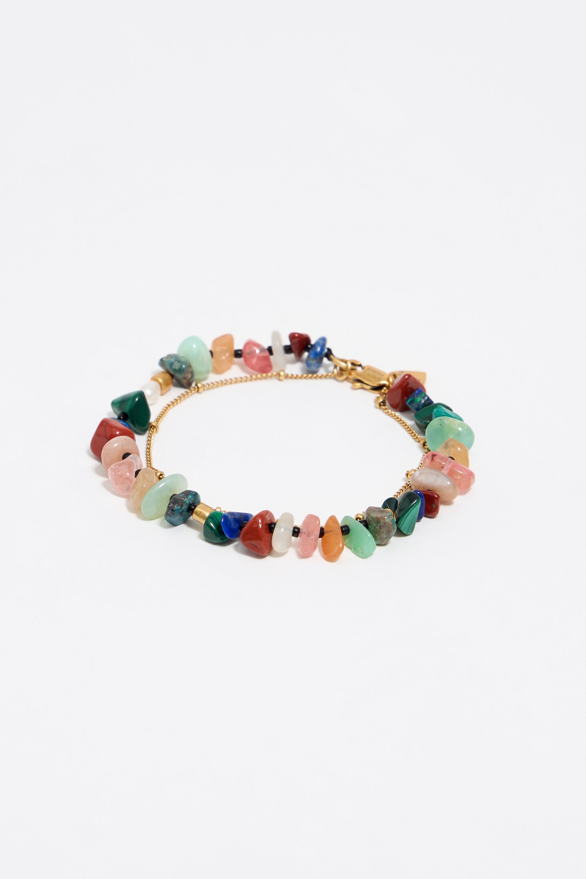 Matte gold-tone double-layer chain and multicolor stones bracelet