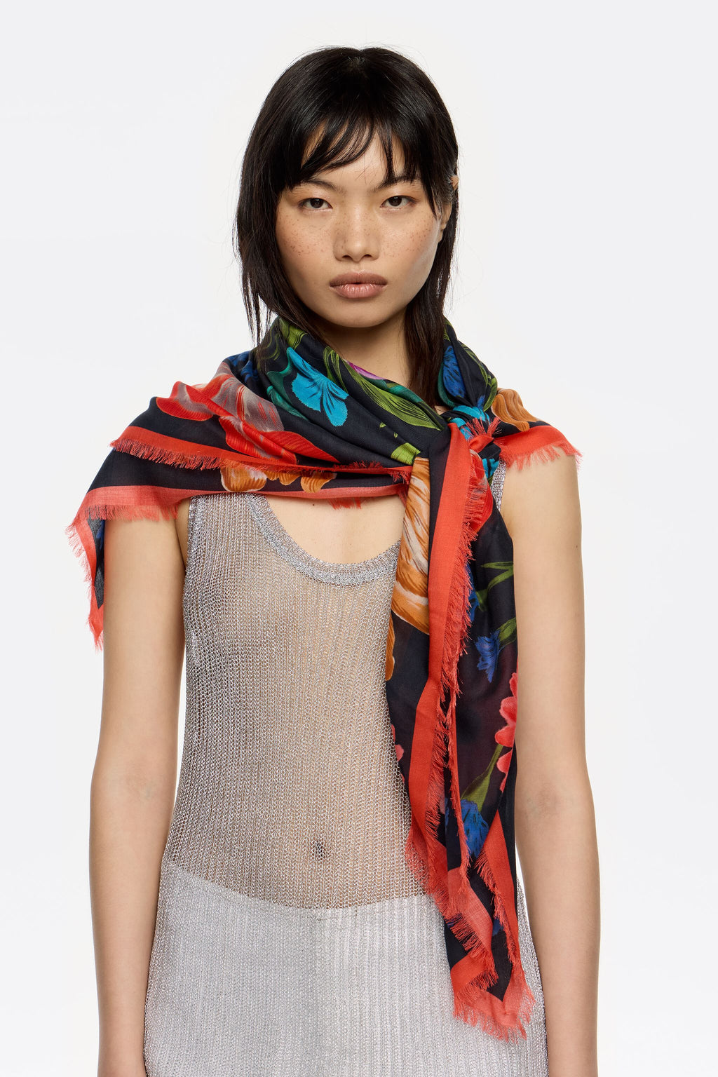 Black botanical flowers shawl