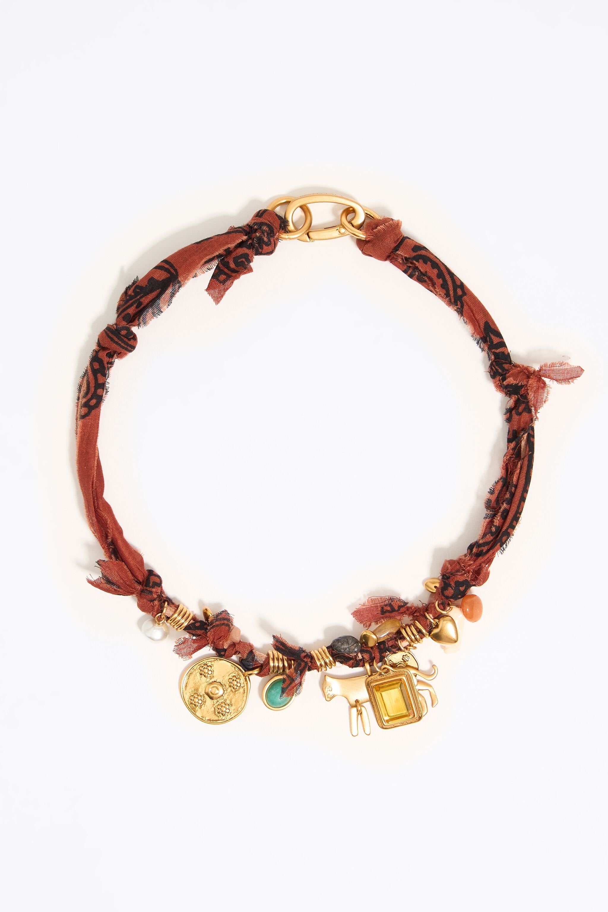 Plaited fabric necklace with gold-tone metal motifs