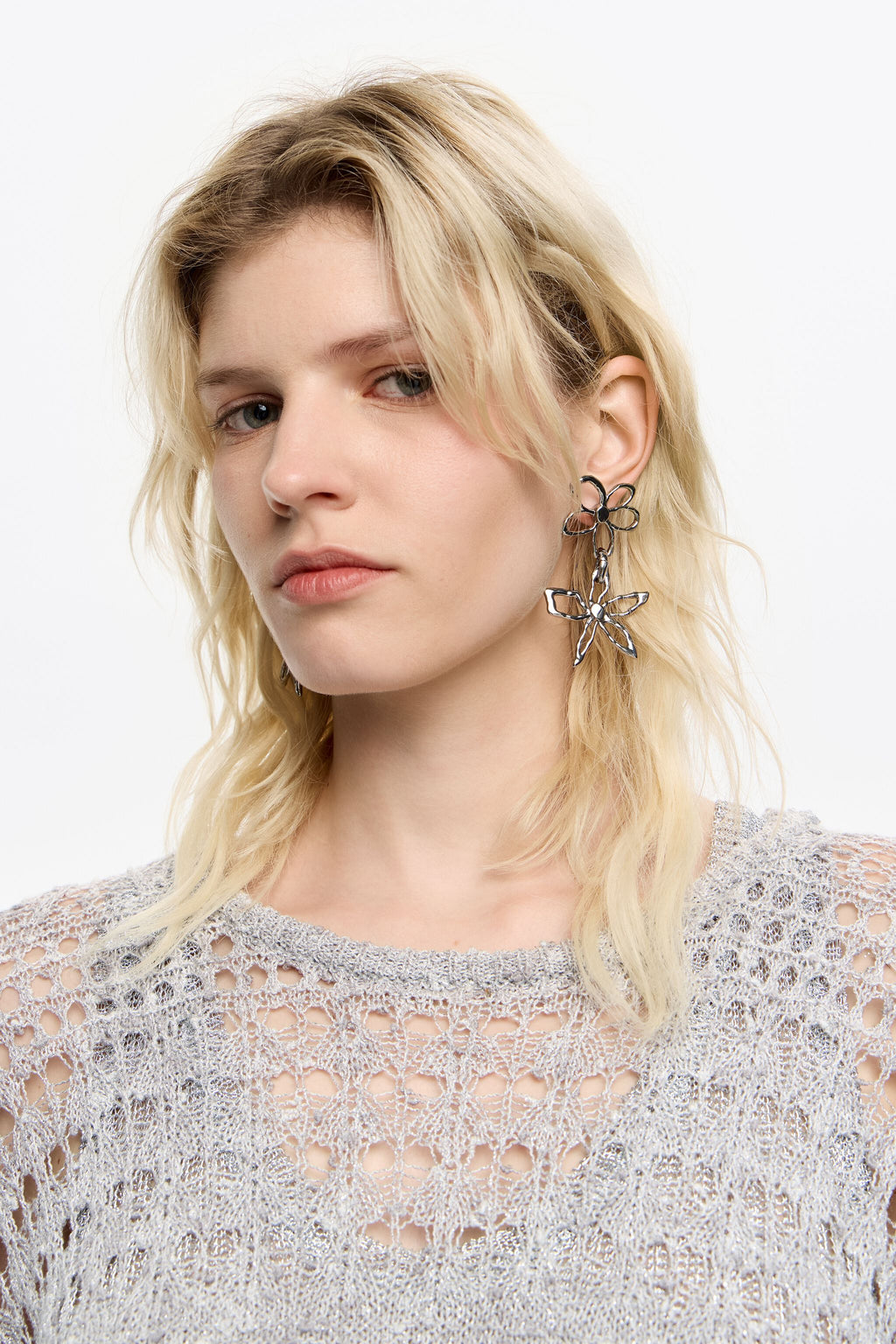 Textured silver flower earrings