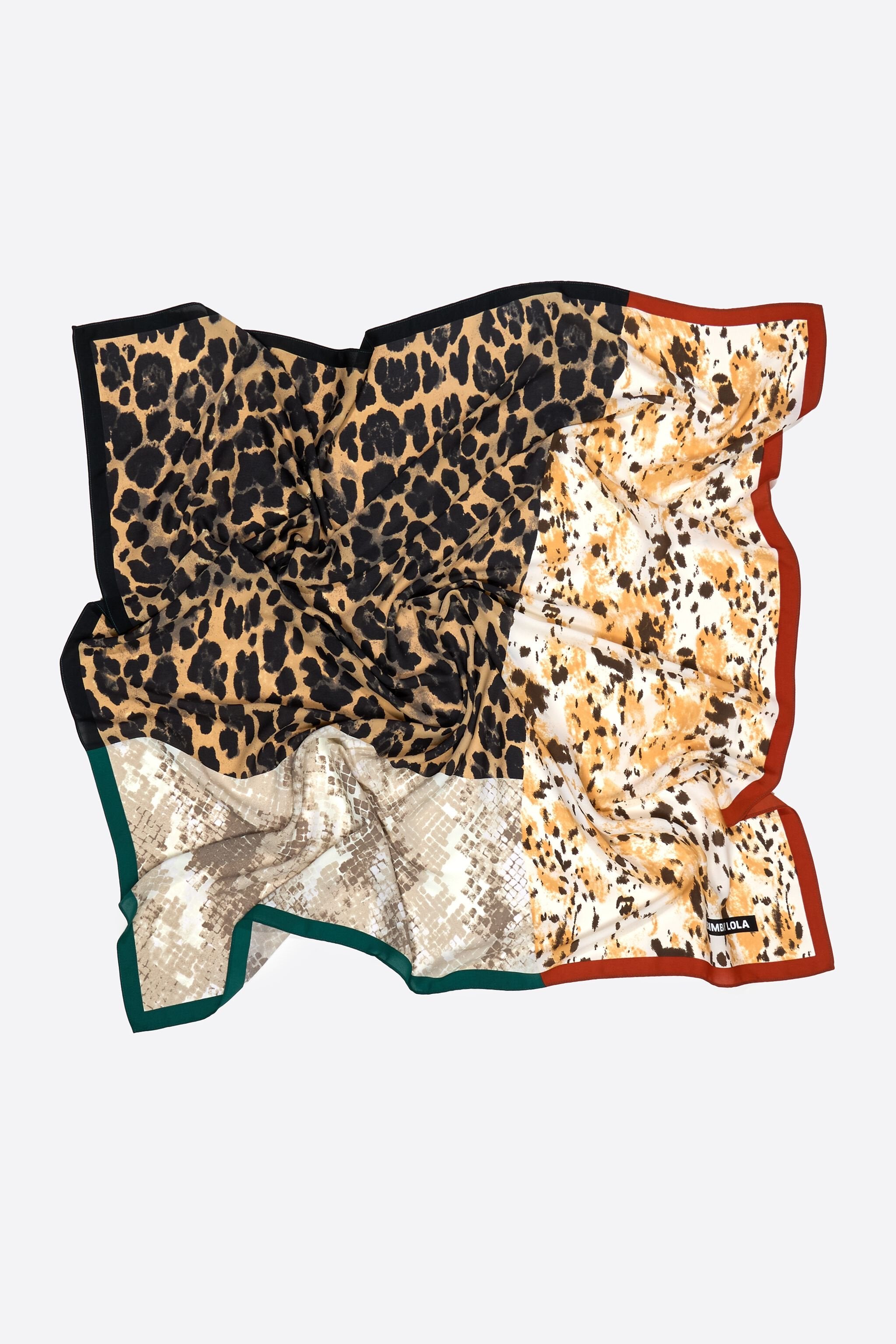 Beige animal print patchwork scarf with contrast borders
