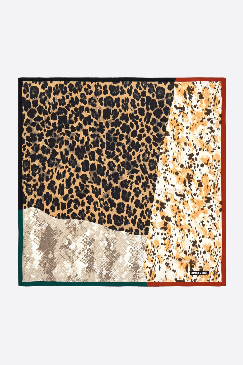 Beige animal print patchwork scarf with contrast borders