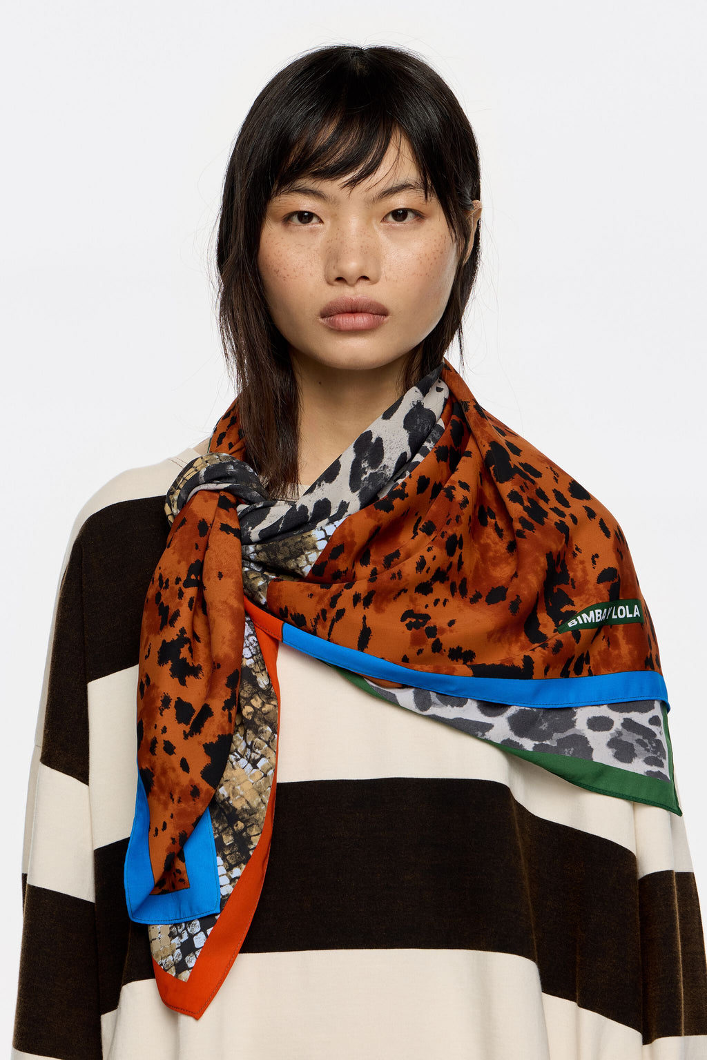 Brown animal print patchwork scarf with contrast borders