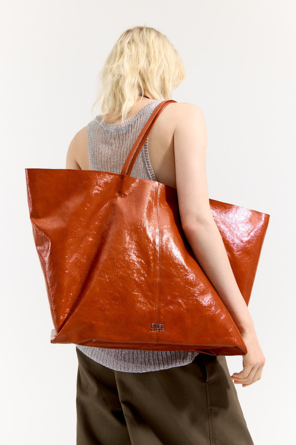 Burnt orange leather maxi shopper bag