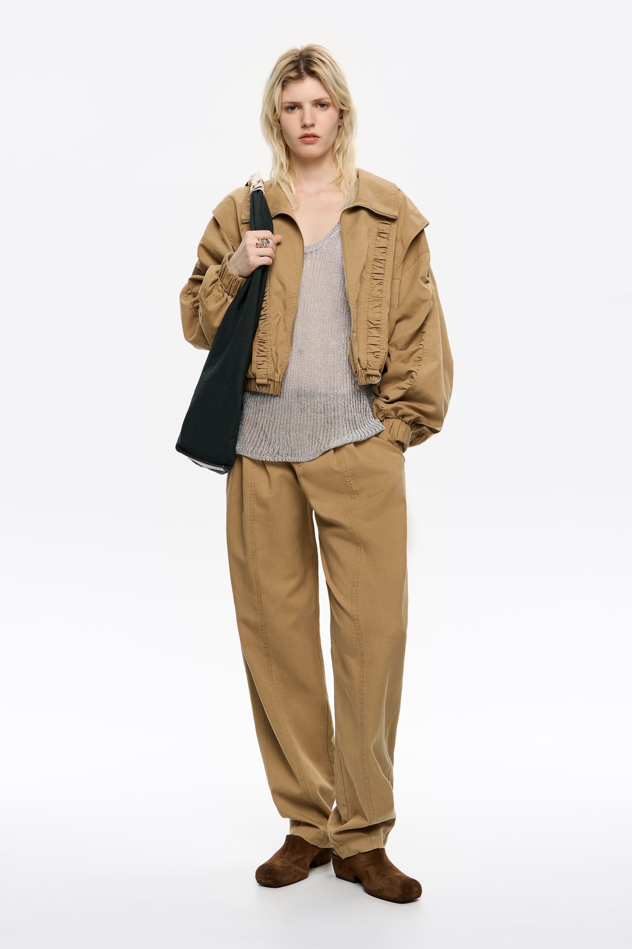 Oversize washed camel gathered jacket