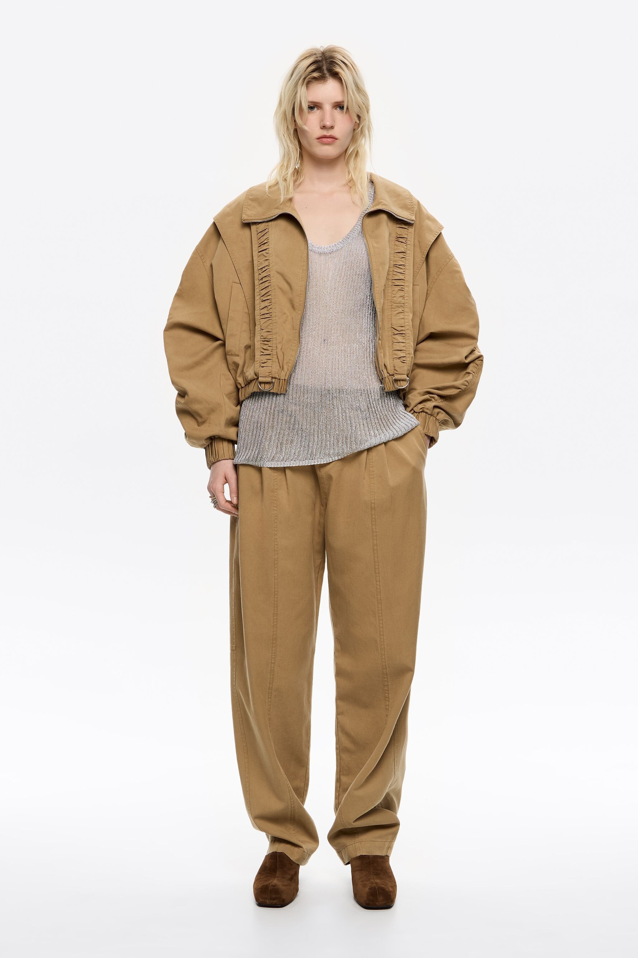 Oversize washed camel gathered jacket