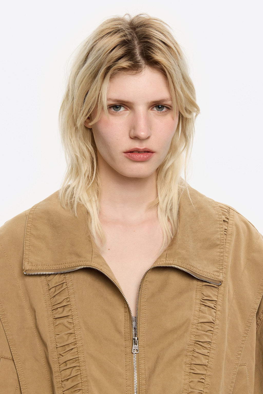 Oversize washed camel gathered jacket