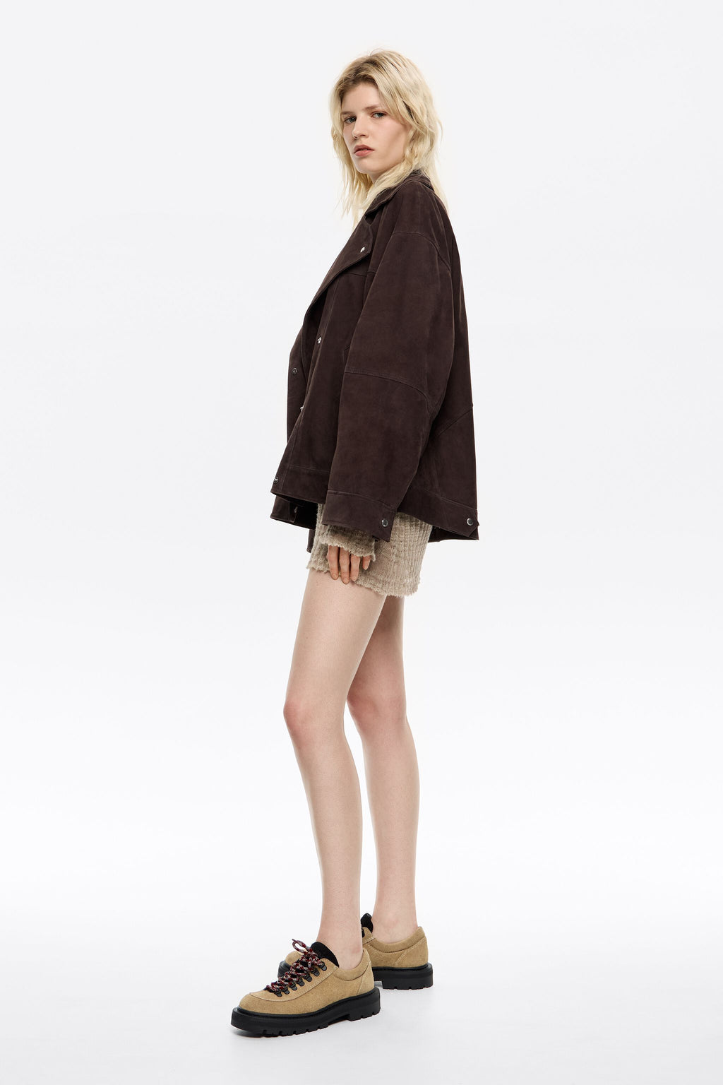 Dark brown suede double-breasted jacket