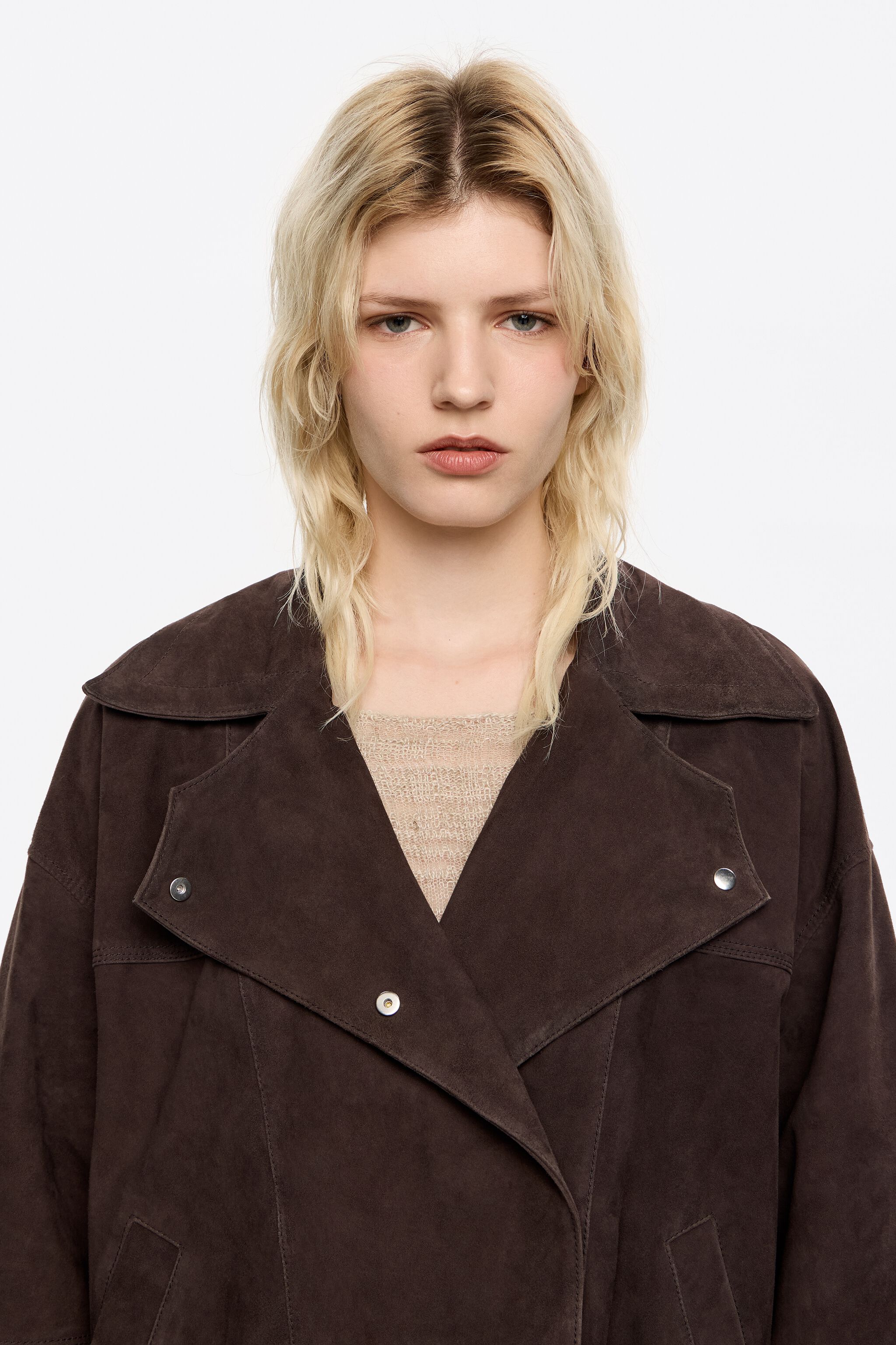 Dark brown suede double-breasted jacket