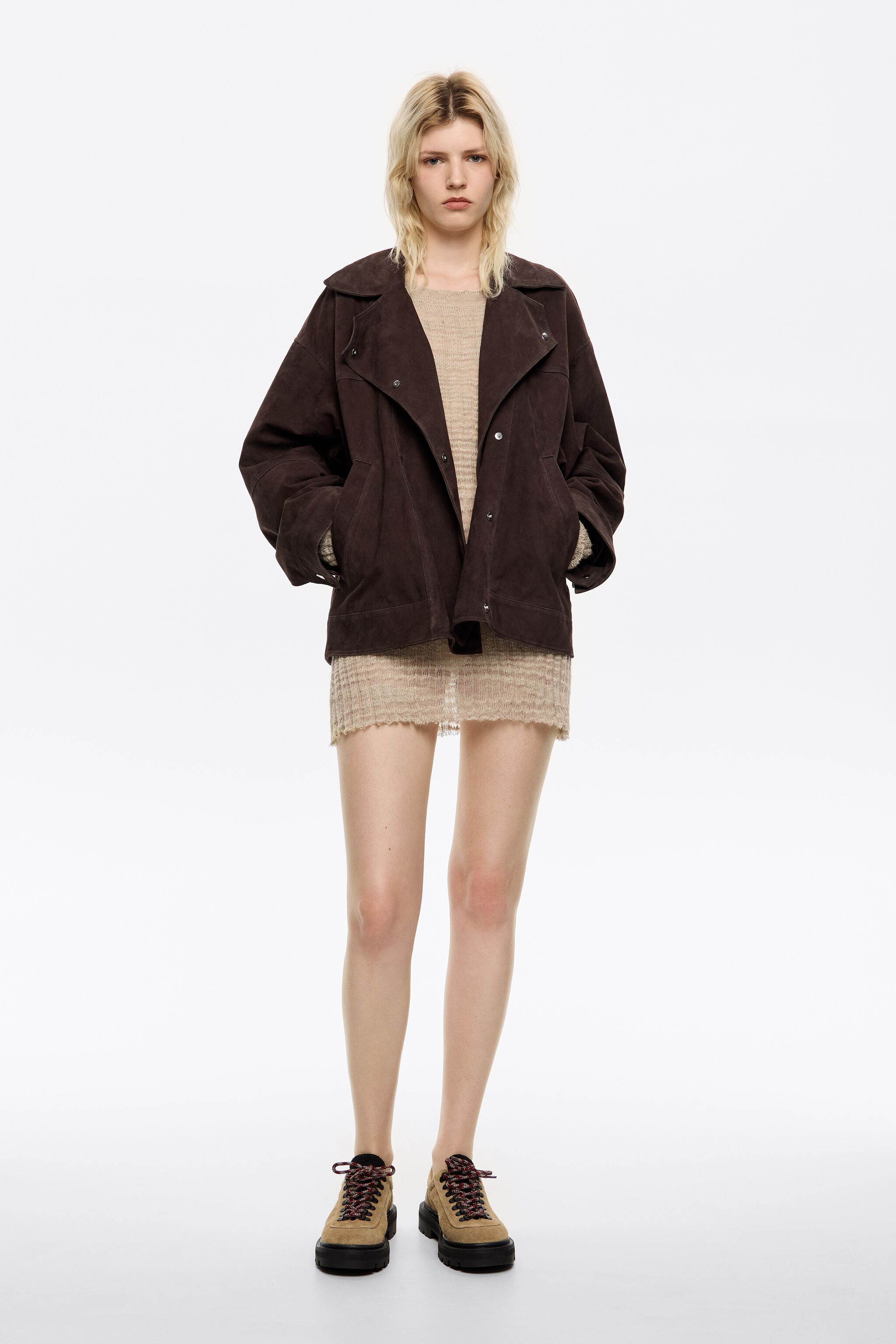 Dark brown suede double-breasted jacket