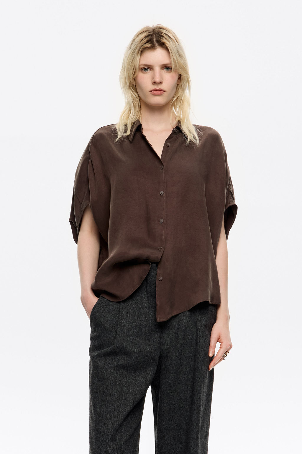 Dark brown fluid cape shirt