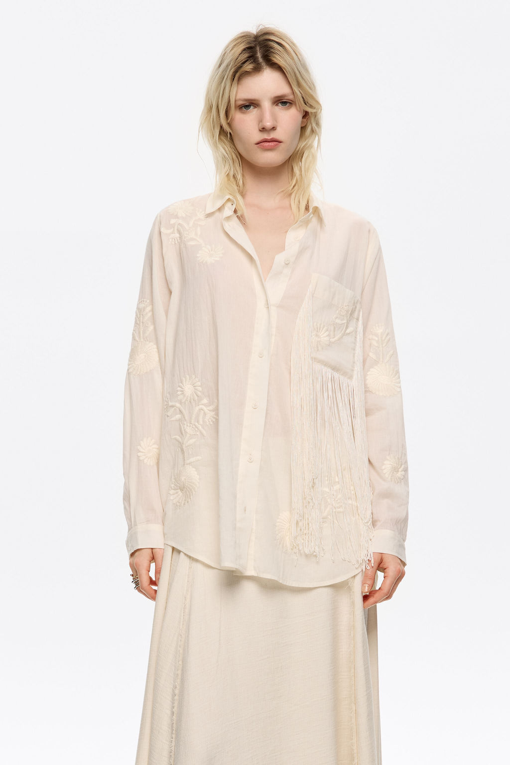 Vanilla embroidered fringed shirt