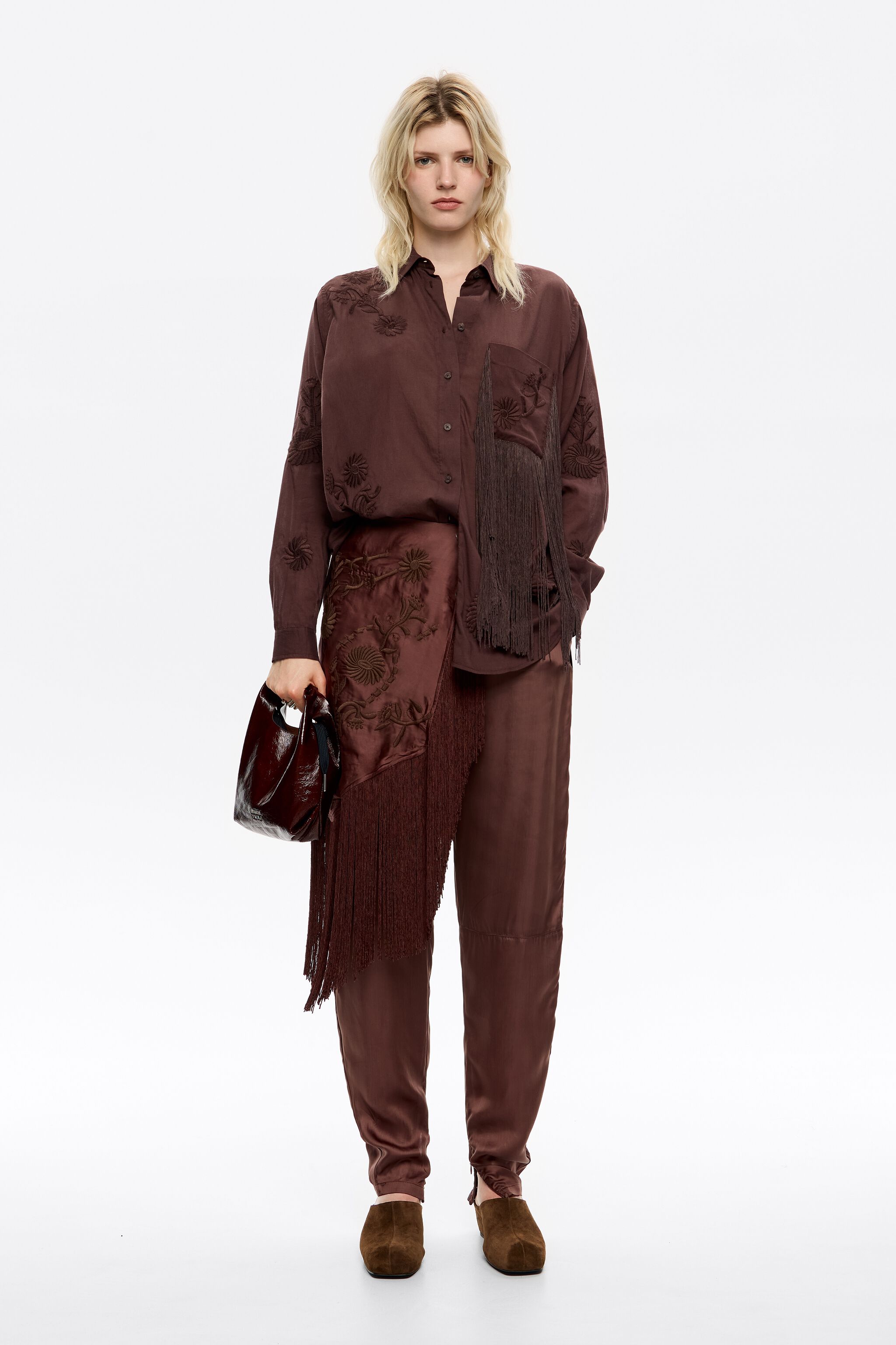 Brown embroidered fringed shirt