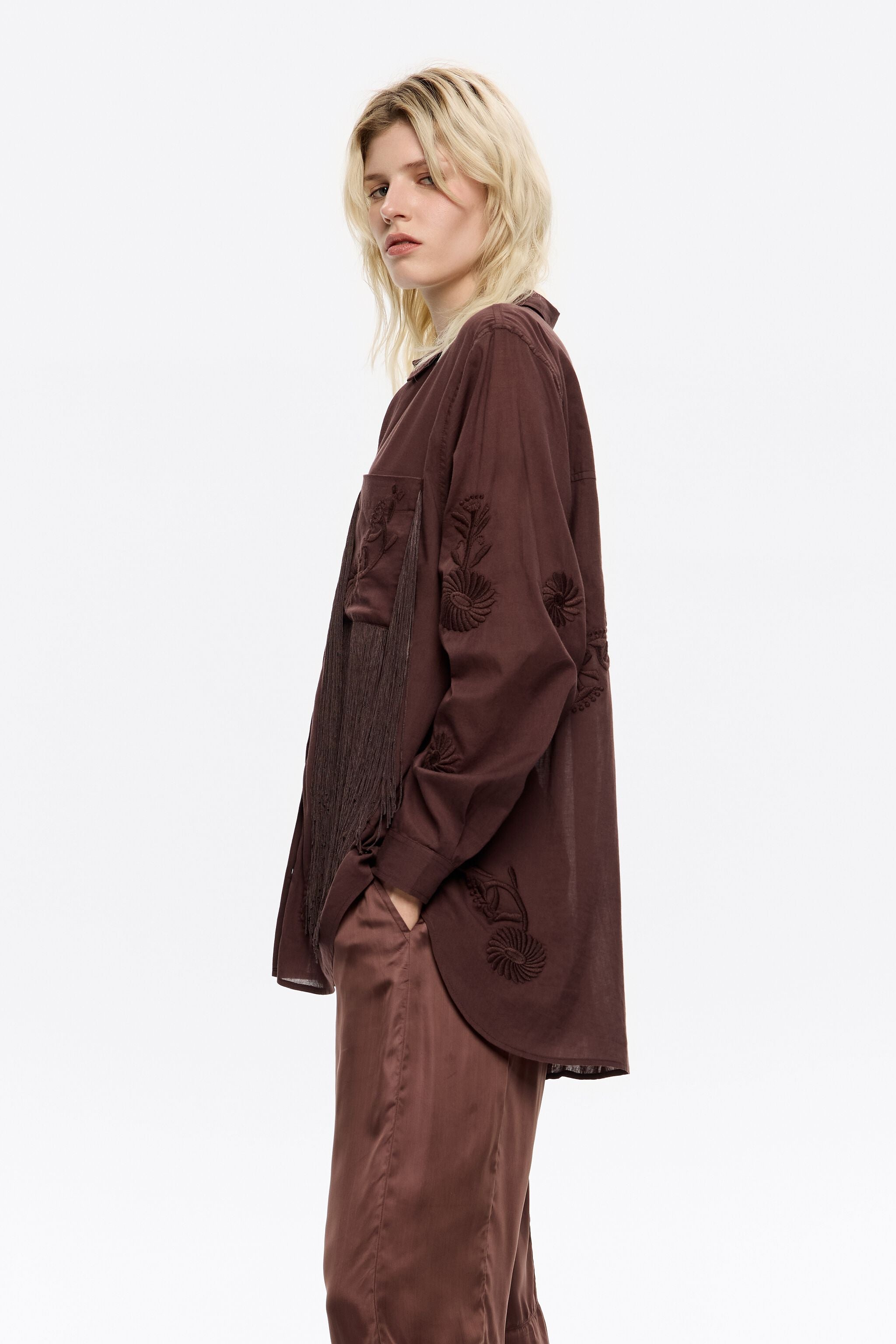 Brown embroidered fringed shirt
