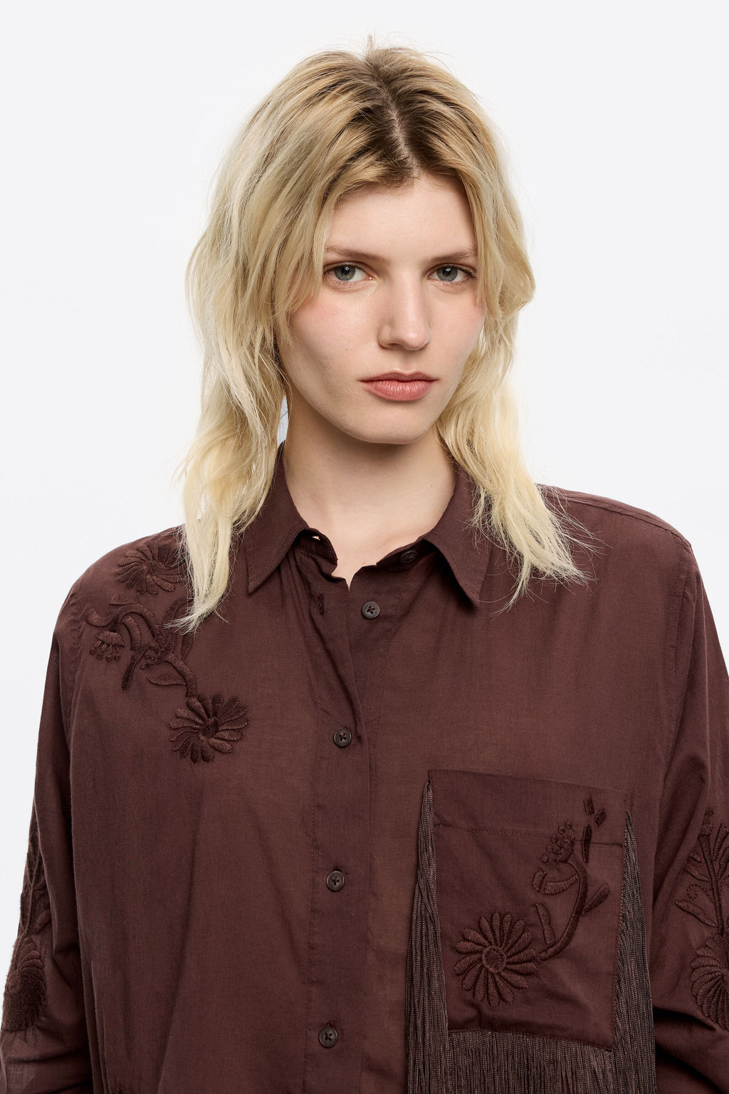 Brown embroidered fringed shirt