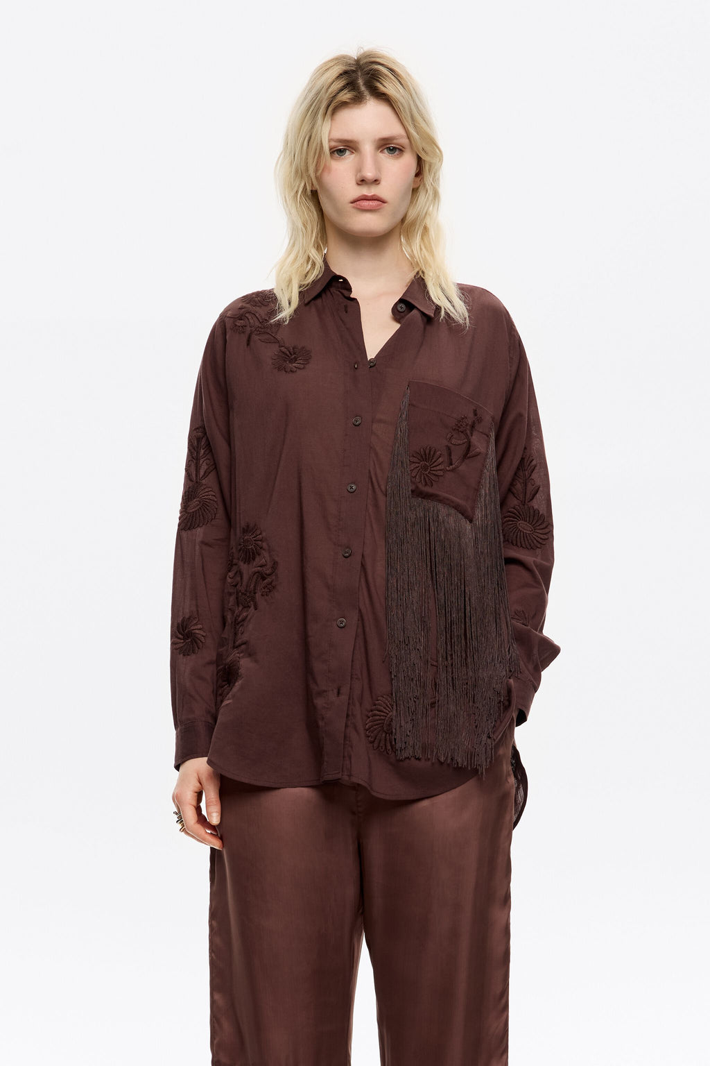 Brown embroidered fringed shirt