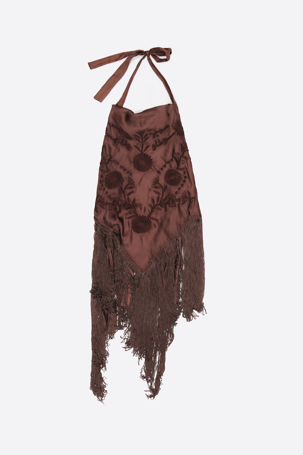 Brown embroidered fringed halter top