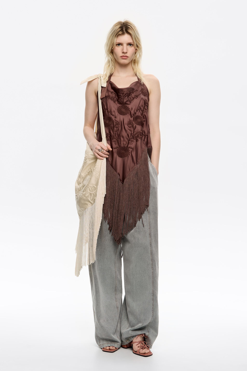 Brown embroidered fringed halter top