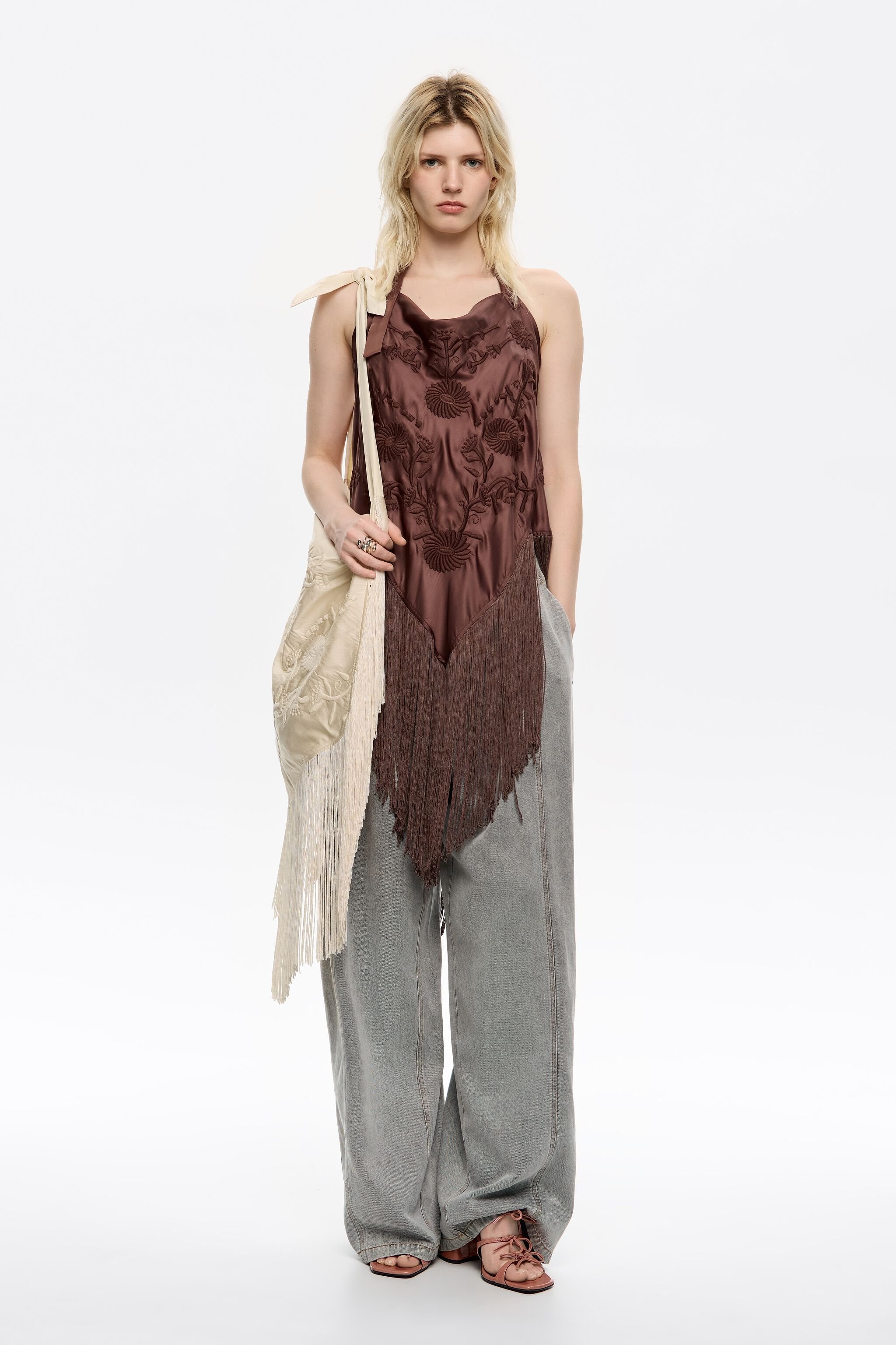 Brown embroidered fringed halter top