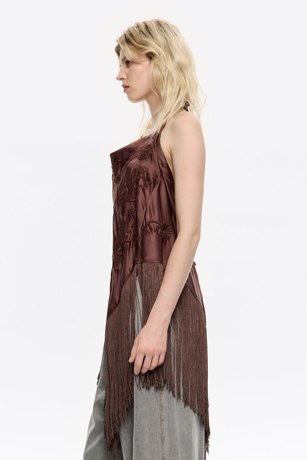Brown embroidered fringed halter top