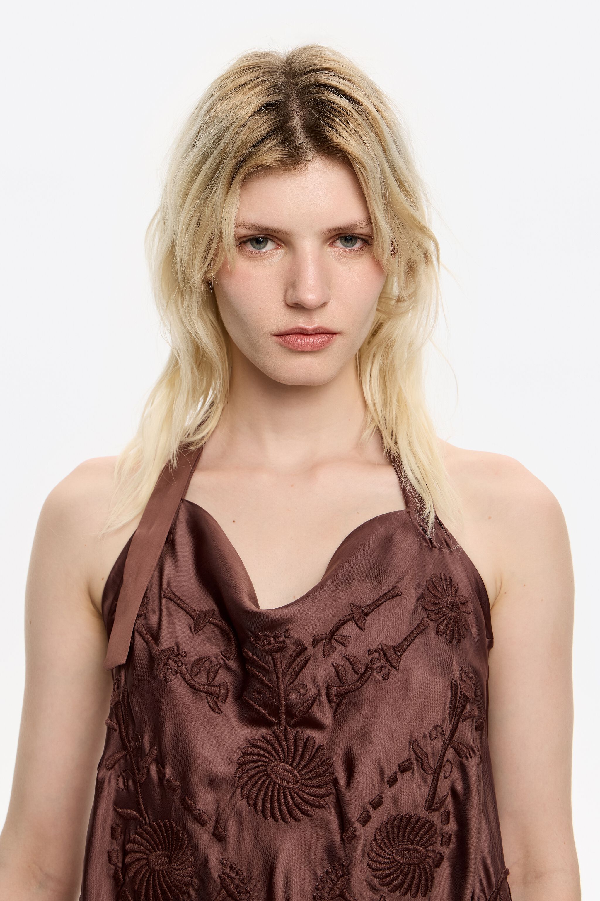 Brown embroidered fringed halter top