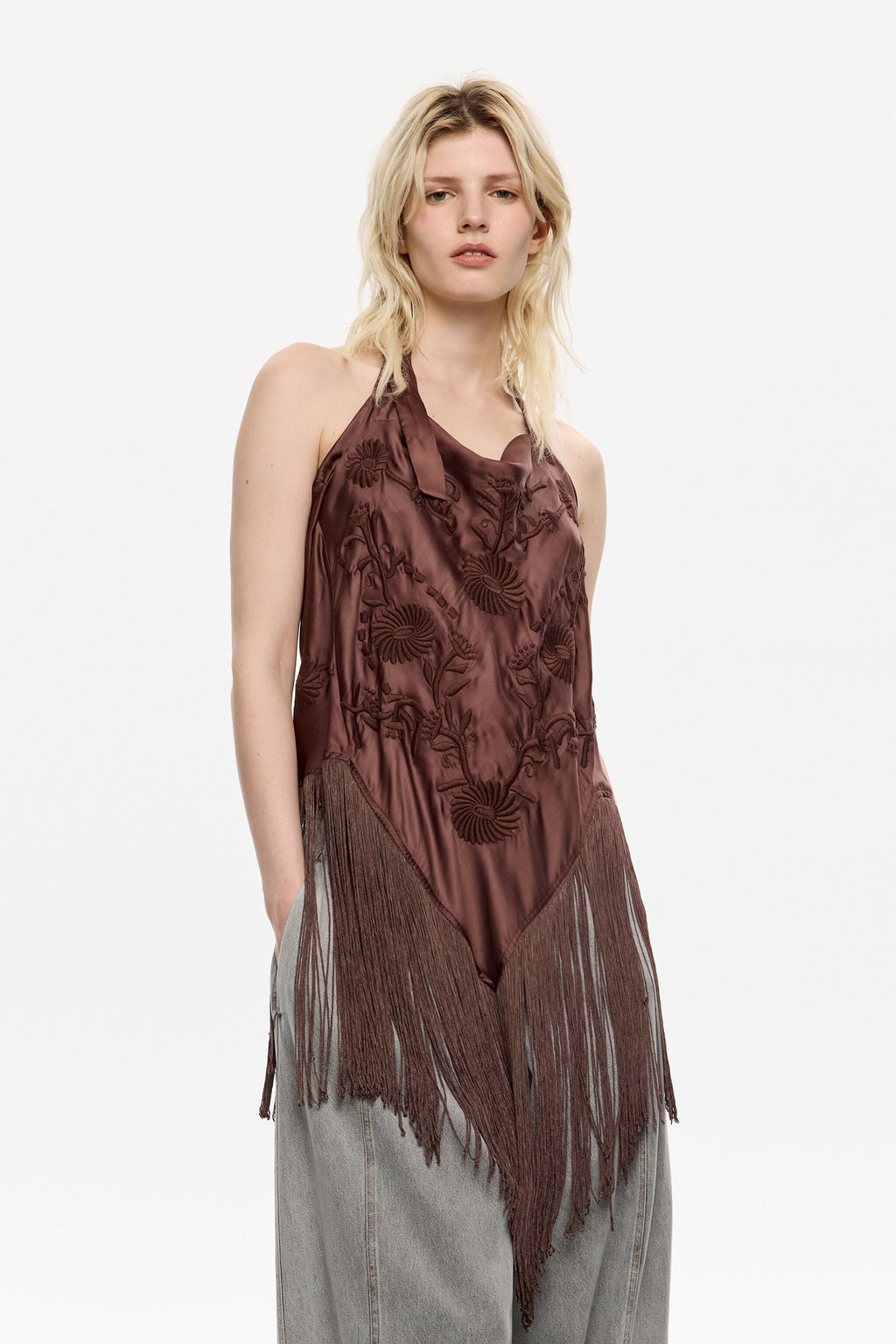Brown embroidered fringed halter top