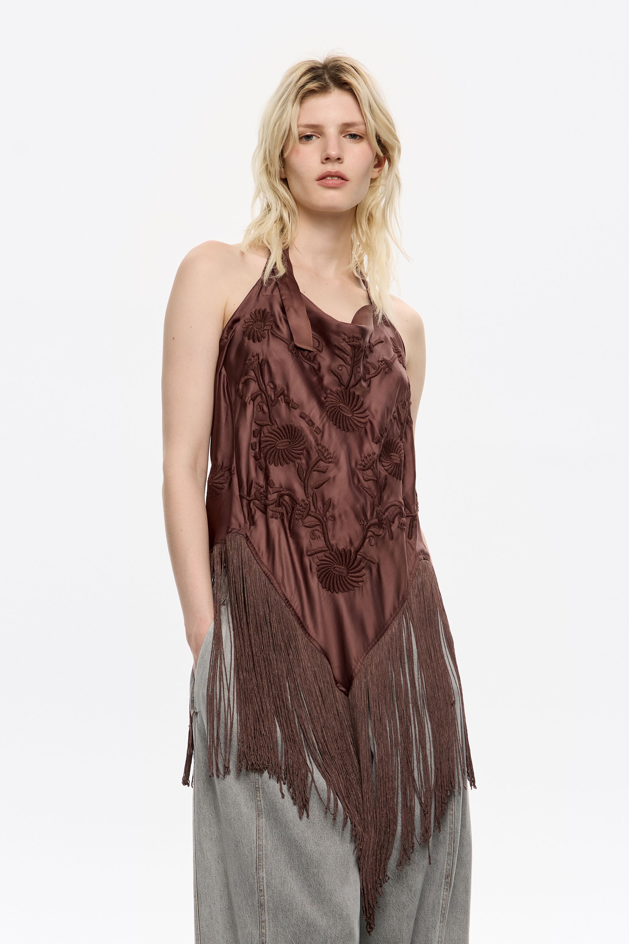 Brown embroidered fringed halter top