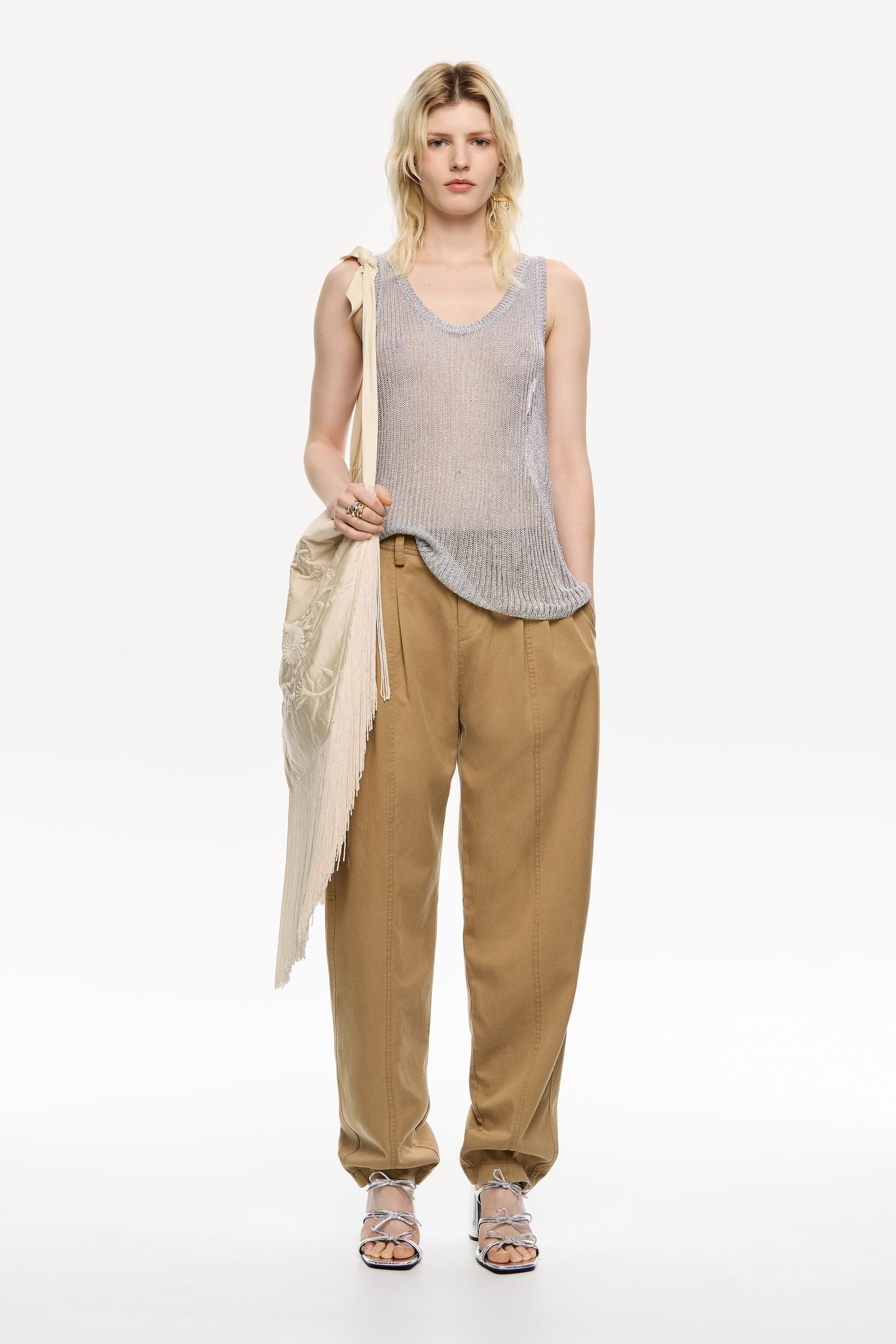 Camel washed cotton darted trousers